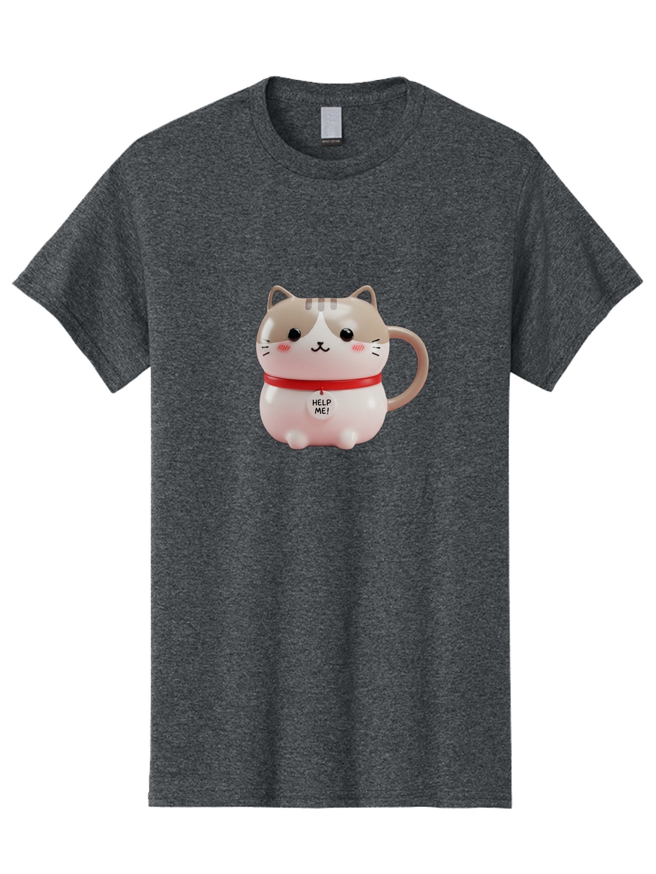 Help-Me-Cat-Mug Men'S Graphic Tee, 100% Cotton, Comfortable Casual Summer Wear, Machine Washable, Cute Cat Mug, Funny Cat Design, Help Me Text, Pink Cat, Red Collar, Cat Lover Gift, Kawaii Cat, Novelty Mug, Cat Figurine Bac050 8