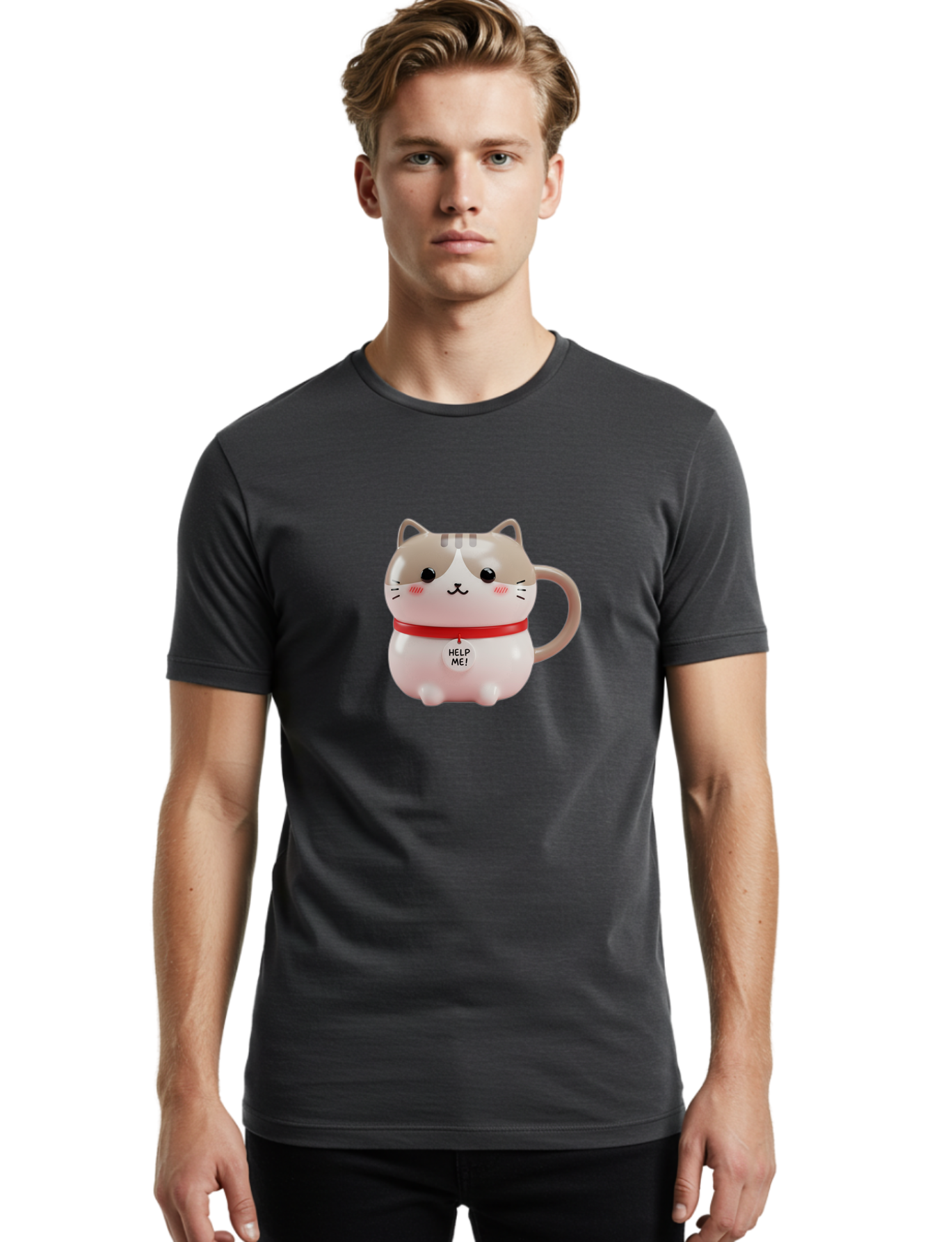 Help-Me-Cat-Mug Men'S Graphic Tee, 100% Cotton, Comfortable Casual Summer Wear, Machine Washable, Cute Cat Mug, Funny Cat Design, Help Me Text, Pink Cat, Red Collar, Cat Lover Gift, Kawaii Cat, Novelty Mug, Cat Figurine Bac050 21