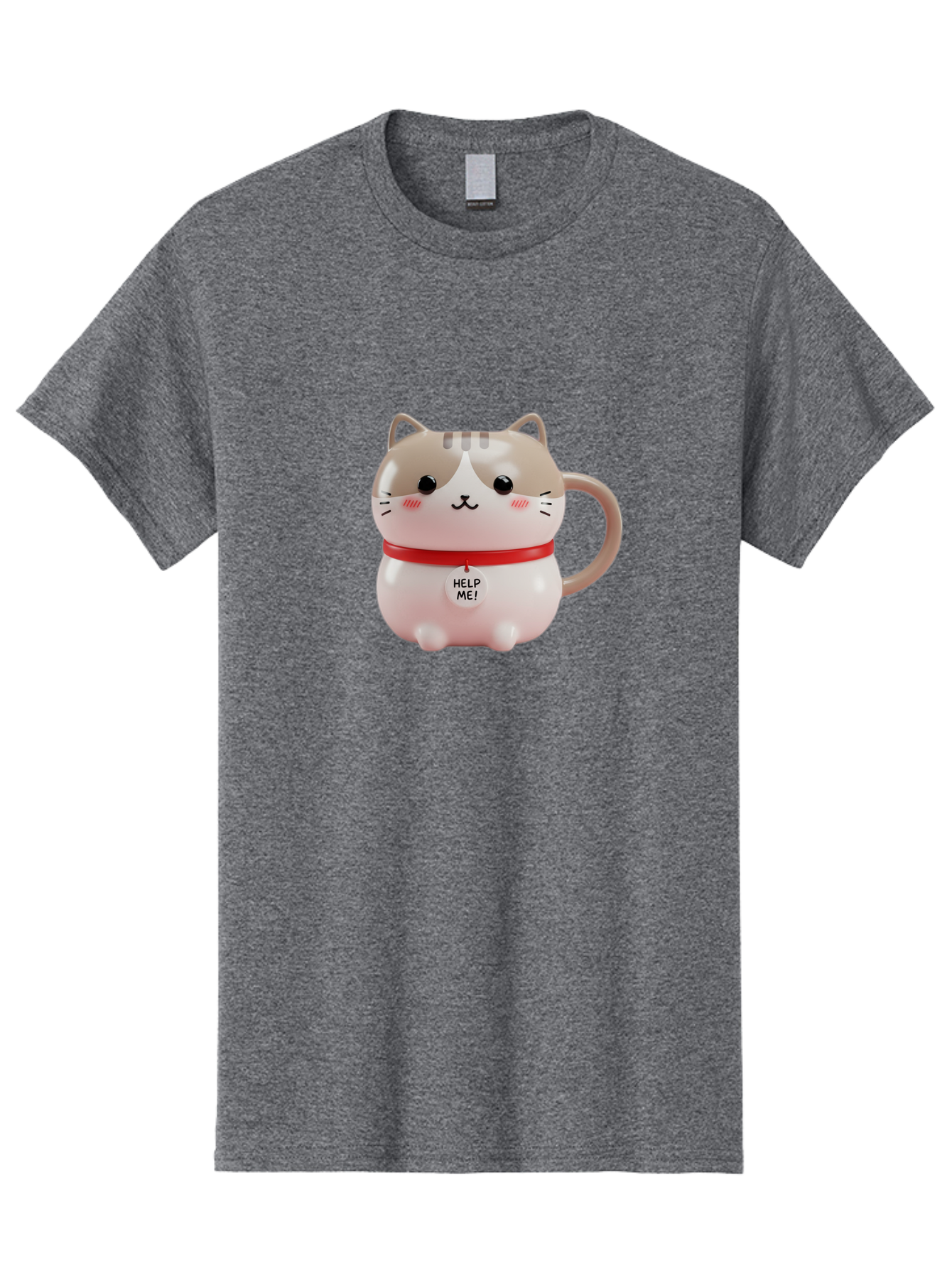 Help-Me-Cat-Mug Men'S Graphic Tee, 100% Cotton, Comfortable Casual Summer Wear, Machine Washable, Cute Cat Mug, Funny Cat Design, Help Me Text, Pink Cat, Red Collar, Cat Lover Gift, Kawaii Cat, Novelty Mug, Cat Figurine Bac050 5