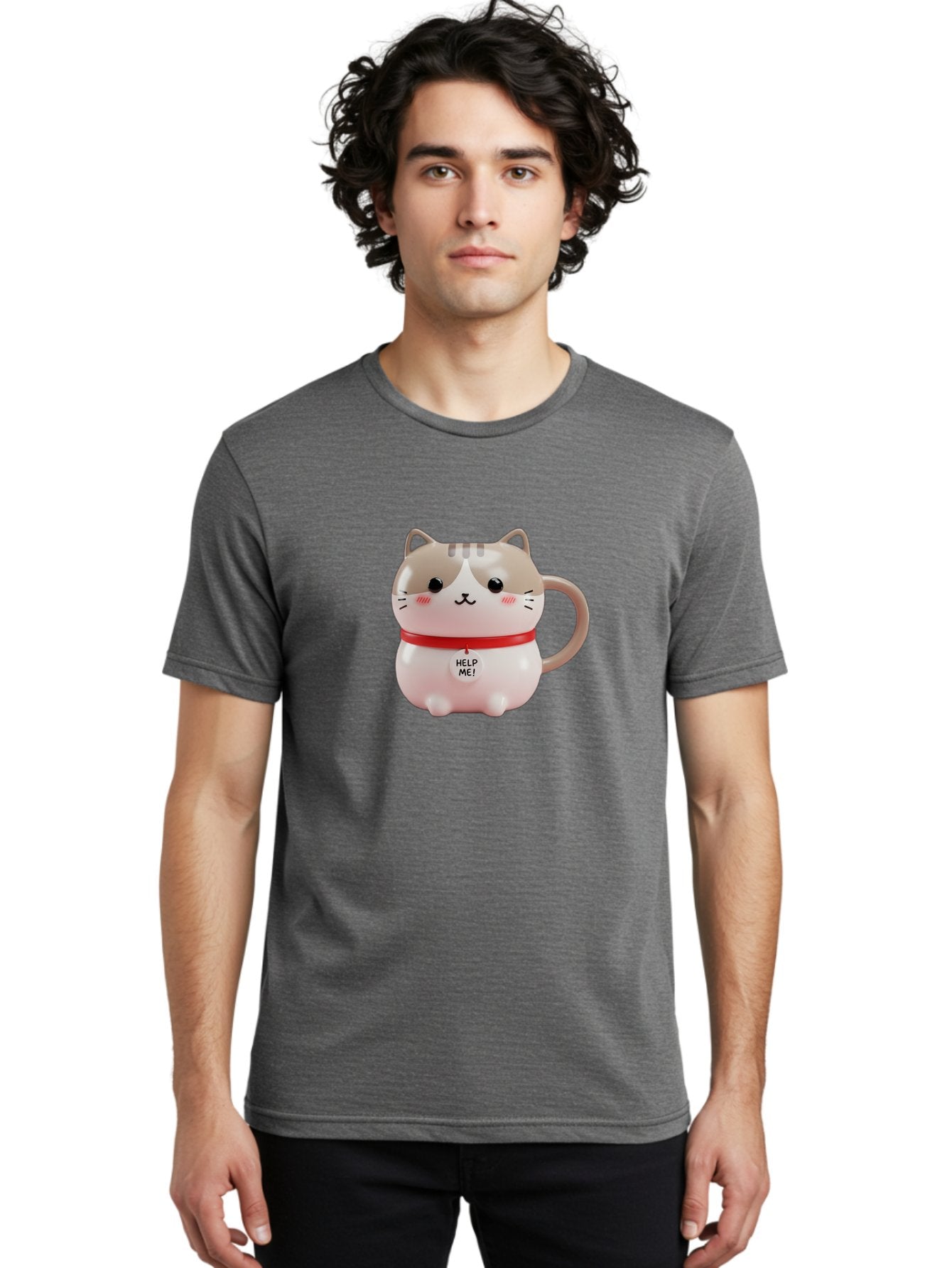 Help-Me-Cat-Mug Men'S Graphic Tee, 100% Cotton, Comfortable Casual Summer Wear, Machine Washable, Cute Cat Mug, Funny Cat Design, Help Me Text, Pink Cat, Red Collar, Cat Lover Gift, Kawaii Cat, Novelty Mug, Cat Figurine Bac050 26