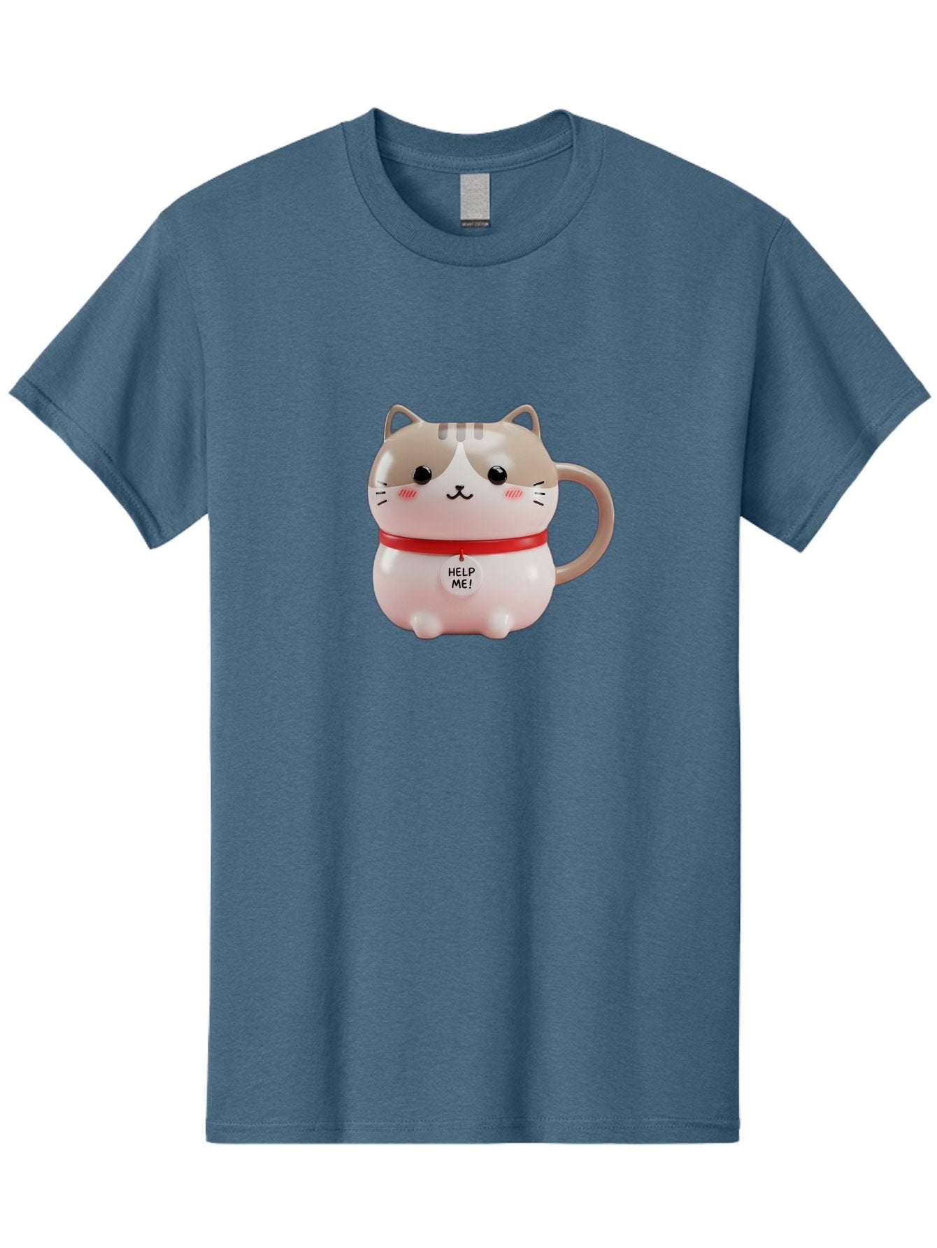 Help-Me-Cat-Mug Men'S Graphic Tee, 100% Cotton, Comfortable Casual Summer Wear, Machine Washable, Cute Cat Mug, Funny Cat Design, Help Me Text, Pink Cat, Red Collar, Cat Lover Gift, Kawaii Cat, Novelty Mug, Cat Figurine Bac050 7