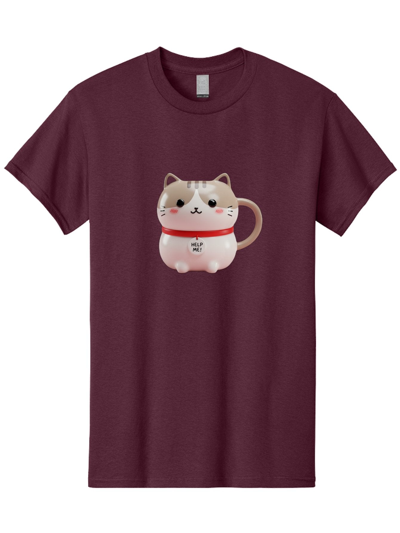 Help-Me-Cat-Mug Men'S Graphic Tee, 100% Cotton, Comfortable Casual Summer Wear, Machine Washable, Cute Cat Mug, Funny Cat Design, Help Me Text, Pink Cat, Red Collar, Cat Lover Gift, Kawaii Cat, Novelty Mug, Cat Figurine Bac050 6