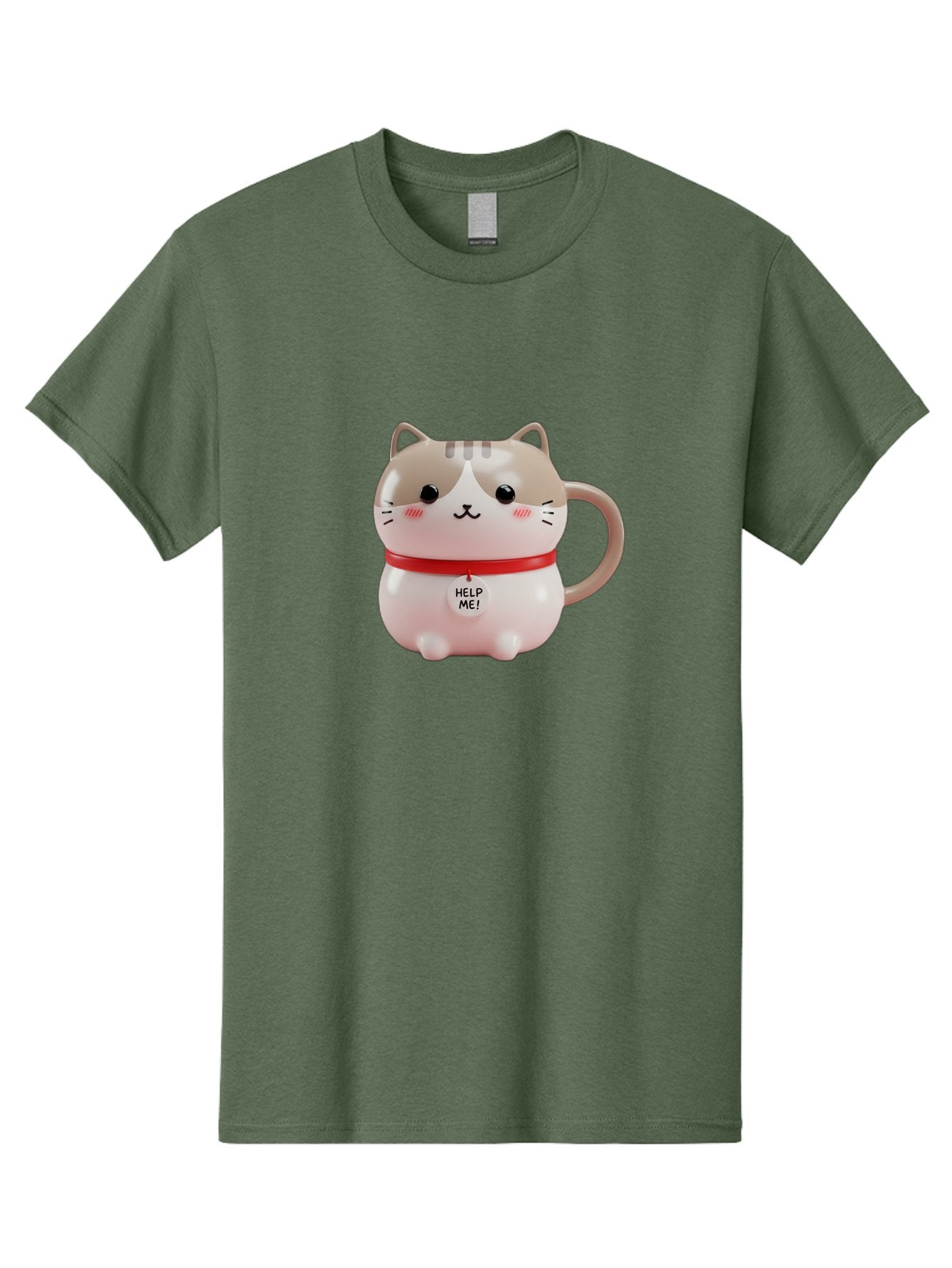Help-Me-Cat-Mug Men'S Graphic Tee, 100% Cotton, Comfortable Casual Summer Wear, Machine Washable, Cute Cat Mug, Funny Cat Design, Help Me Text, Pink Cat, Red Collar, Cat Lover Gift, Kawaii Cat, Novelty Mug, Cat Figurine Bac050 14