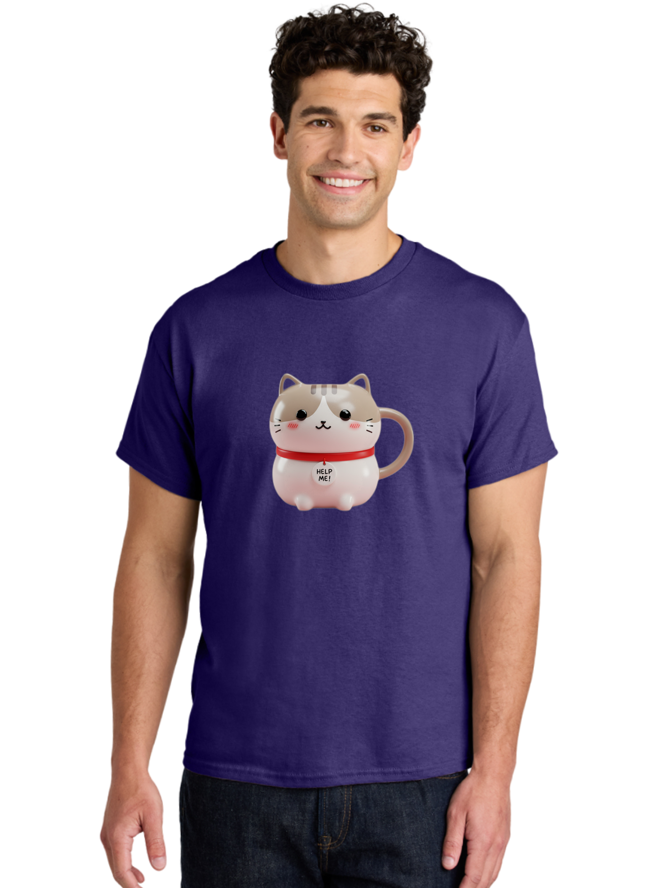 Help-Me-Cat-Mug Men'S Graphic Tee, 100% Cotton, Comfortable Casual Summer Wear, Machine Washable, Cute Cat Mug, Funny Cat Design, Help Me Text, Pink Cat, Red Collar, Cat Lover Gift, Kawaii Cat, Novelty Mug, Cat Figurine Bac050 16