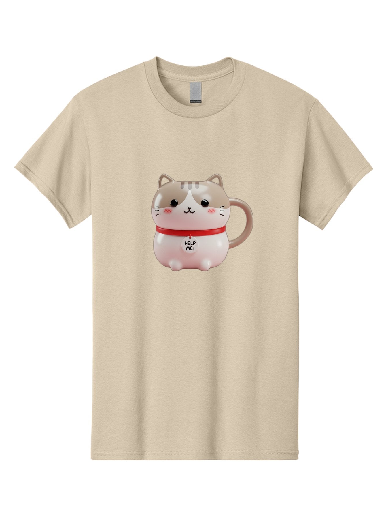 Help-Me-Cat-Mug Men'S Graphic Tee, 100% Cotton, Comfortable Casual Summer Wear, Machine Washable, Cute Cat Mug, Funny Cat Design, Help Me Text, Pink Cat, Red Collar, Cat Lover Gift, Kawaii Cat, Novelty Mug, Cat Figurine Bac050 5