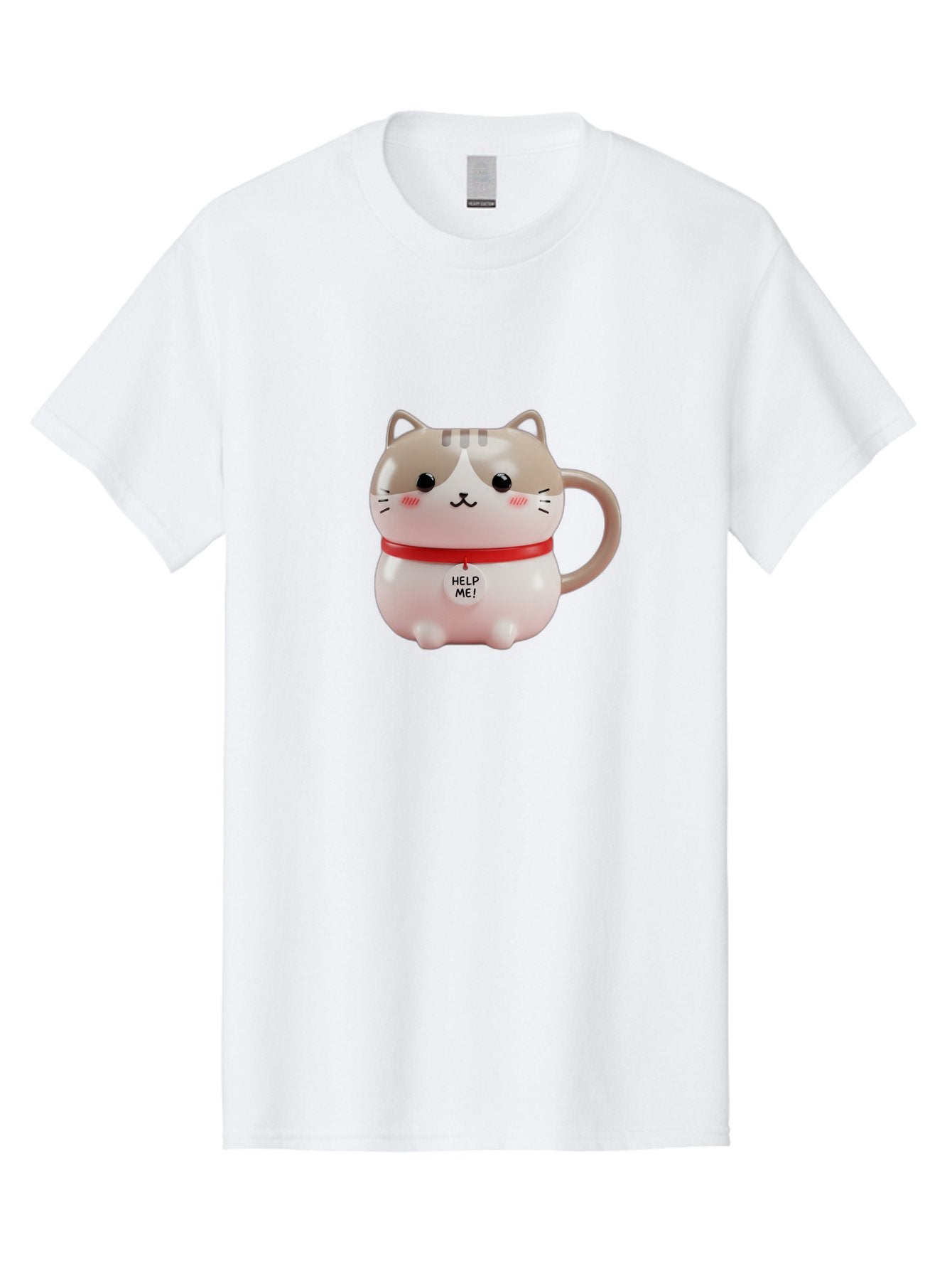 Help-Me-Cat-Mug Men'S Graphic Tee, 100% Cotton, Comfortable Casual Summer Wear, Machine Washable, Cute Cat Mug, Funny Cat Design, Help Me Text, Pink Cat, Red Collar, Cat Lover Gift, Kawaii Cat, Novelty Mug, Cat Figurine Bac050 3