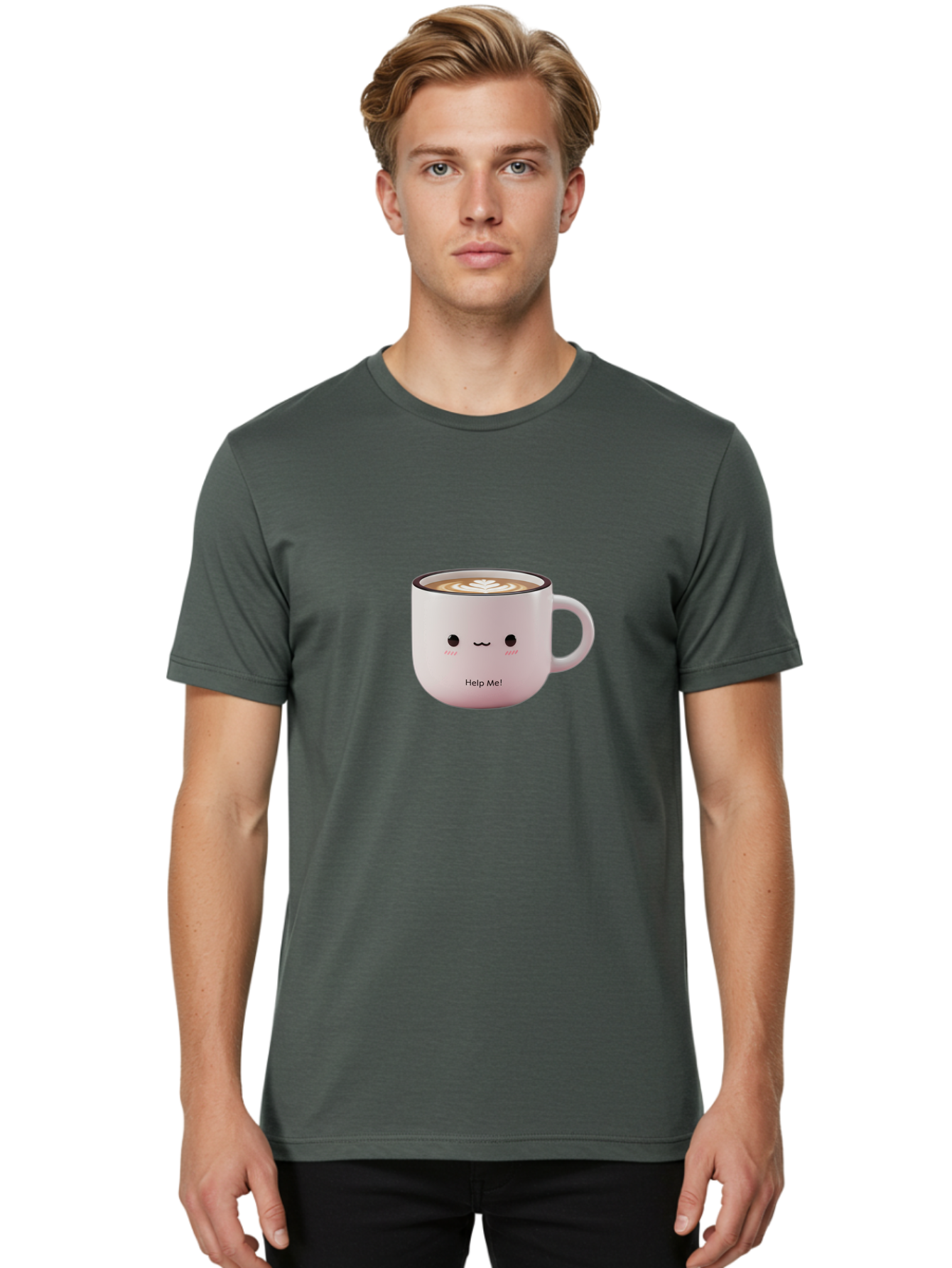 Help-Me-Coffee Men'S Graphic Tee, 100% Cotton, Comfortable Casual Summer Wear, Machine Washable, Cute Coffee Mug, Latte Art, Cartoon Character, Humorous Design, Coffee Lover, Funny Mug, Adorable Design, Coffee Culture, Help Me! Bac051 25