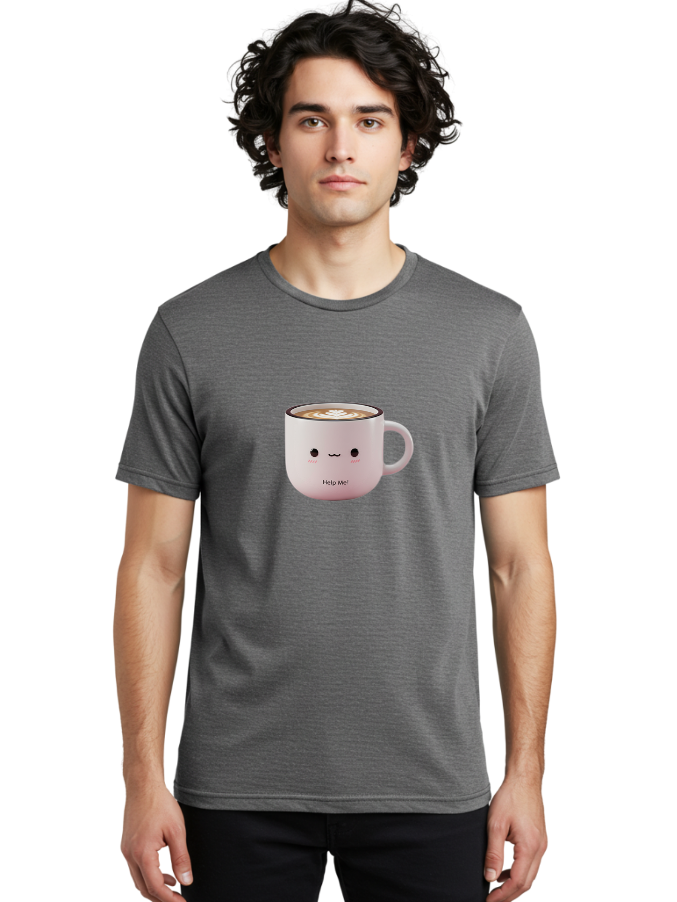 Help-Me-Coffee Men'S Graphic Tee, 100% Cotton, Comfortable Casual Summer Wear, Machine Washable, Cute Coffee Mug, Latte Art, Cartoon Character, Humorous Design, Coffee Lover, Funny Mug, Adorable Design, Coffee Culture, Help Me! Bac051 20
