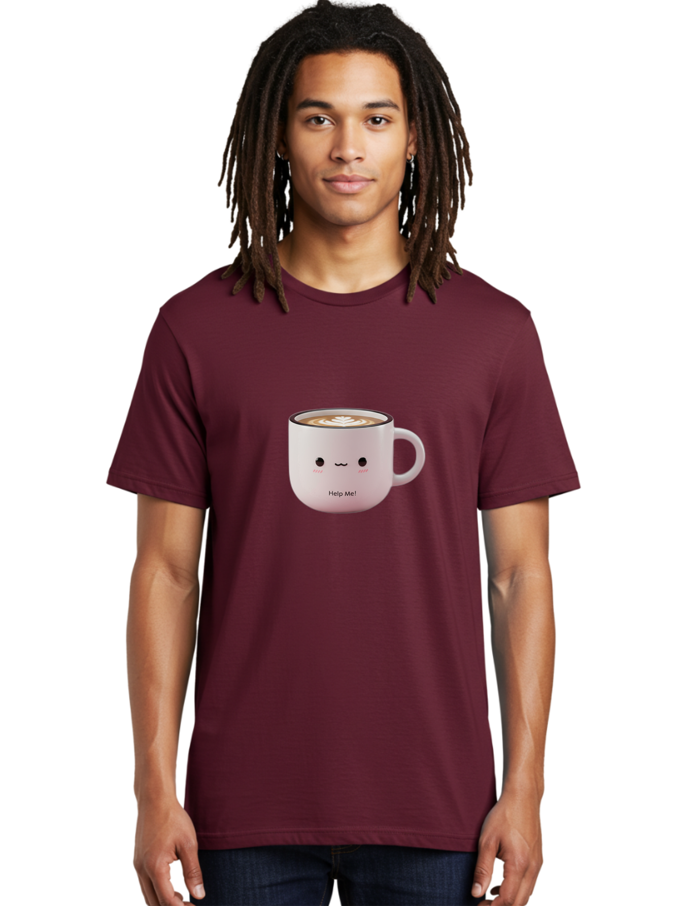 Help-Me-Coffee Men'S Graphic Tee, 100% Cotton, Comfortable Casual Summer Wear, Machine Washable, Cute Coffee Mug, Latte Art, Cartoon Character, Humorous Design, Coffee Lover, Funny Mug, Adorable Design, Coffee Culture, Help Me! Bac051 22
