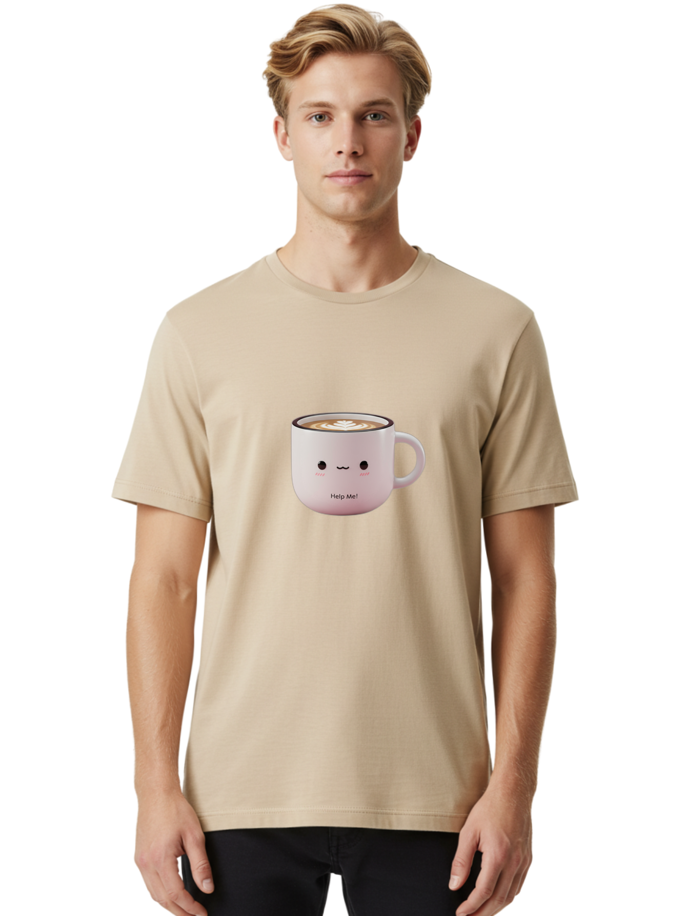 Help-Me-Coffee Men'S Graphic Tee, 100% Cotton, Comfortable Casual Summer Wear, Machine Washable, Cute Coffee Mug, Latte Art, Cartoon Character, Humorous Design, Coffee Lover, Funny Mug, Adorable Design, Coffee Culture, Help Me! Bac051 27