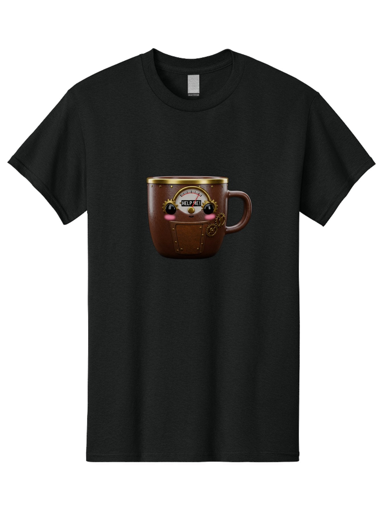 Help-Me-Mug Men'S Graphic Tee, 100% Cotton, Comfortable Casual Summer Wear, Machine Washable, Steampunk Coffee Mug, Brown Ceramic, Gold Accents, Distressed Robot Face, Help Me! Gauge, Steampunk Art, Quirky Design, Unique Collectible, Bac052 8