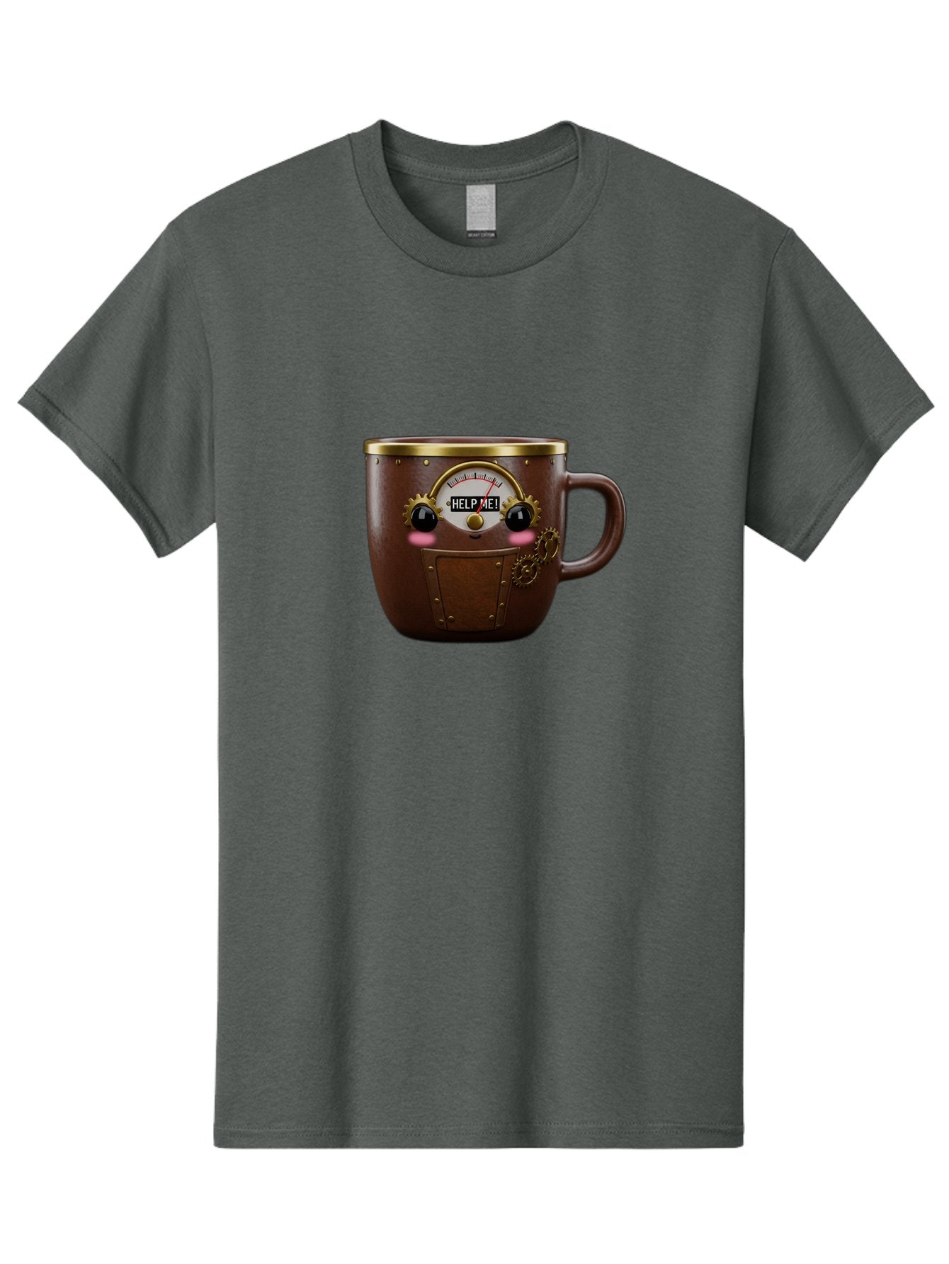 Help-Me-Mug Men'S Graphic Tee, 100% Cotton, Comfortable Casual Summer Wear, Machine Washable, Steampunk Coffee Mug, Brown Ceramic, Gold Accents, Distressed Robot Face, Help Me! Gauge, Steampunk Art, Quirky Design, Unique Collectible, Bac052 5