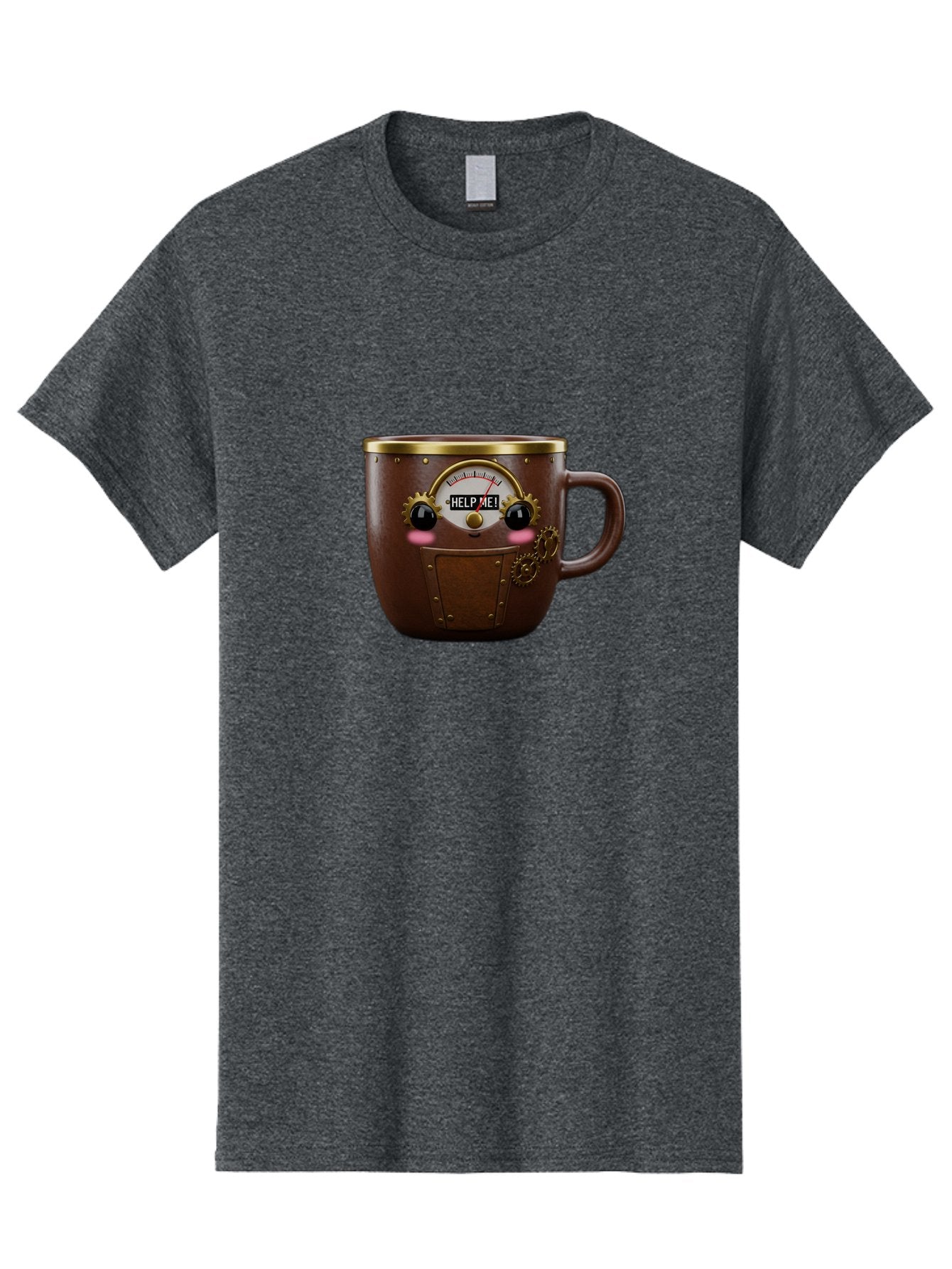 Help-Me-Mug Men'S Graphic Tee, 100% Cotton, Comfortable Casual Summer Wear, Machine Washable, Steampunk Coffee Mug, Brown Ceramic, Gold Accents, Distressed Robot Face, Help Me! Gauge, Steampunk Art, Quirky Design, Unique Collectible, Bac052 4