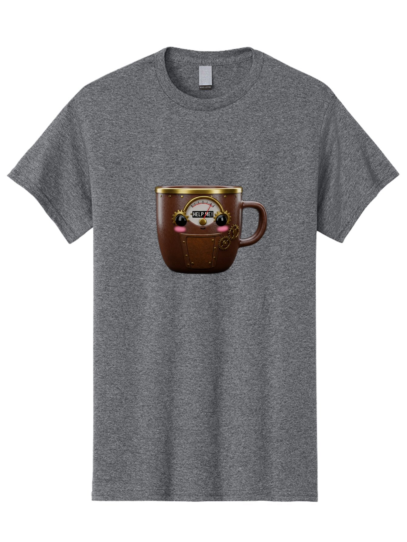 Help-Me-Mug Men'S Graphic Tee, 100% Cotton, Comfortable Casual Summer Wear, Machine Washable, Steampunk Coffee Mug, Brown Ceramic, Gold Accents, Distressed Robot Face, Help Me! Gauge, Steampunk Art, Quirky Design, Unique Collectible, Bac052 11