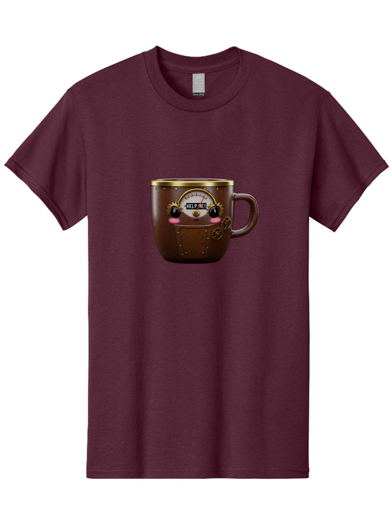 Help-Me-Mug Men'S Graphic Tee, 100% Cotton, Comfortable Casual Summer Wear, Machine Washable, Steampunk Coffee Mug, Brown Ceramic, Gold Accents, Distressed Robot Face, Help Me! Gauge, Steampunk Art, Quirky Design, Unique Collectible, Bac052 10