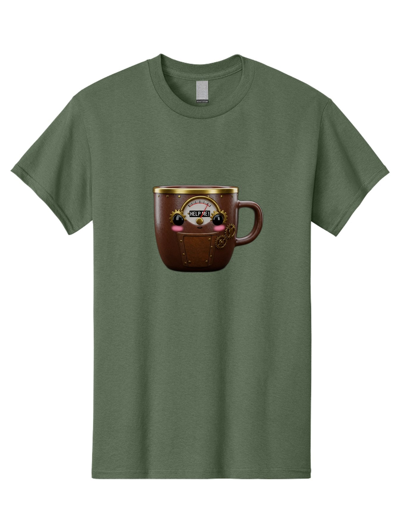 Help-Me-Mug Men'S Graphic Tee, 100% Cotton, Comfortable Casual Summer Wear, Machine Washable, Steampunk Coffee Mug, Brown Ceramic, Gold Accents, Distressed Robot Face, Help Me! Gauge, Steampunk Art, Quirky Design, Unique Collectible, Bac052 3
