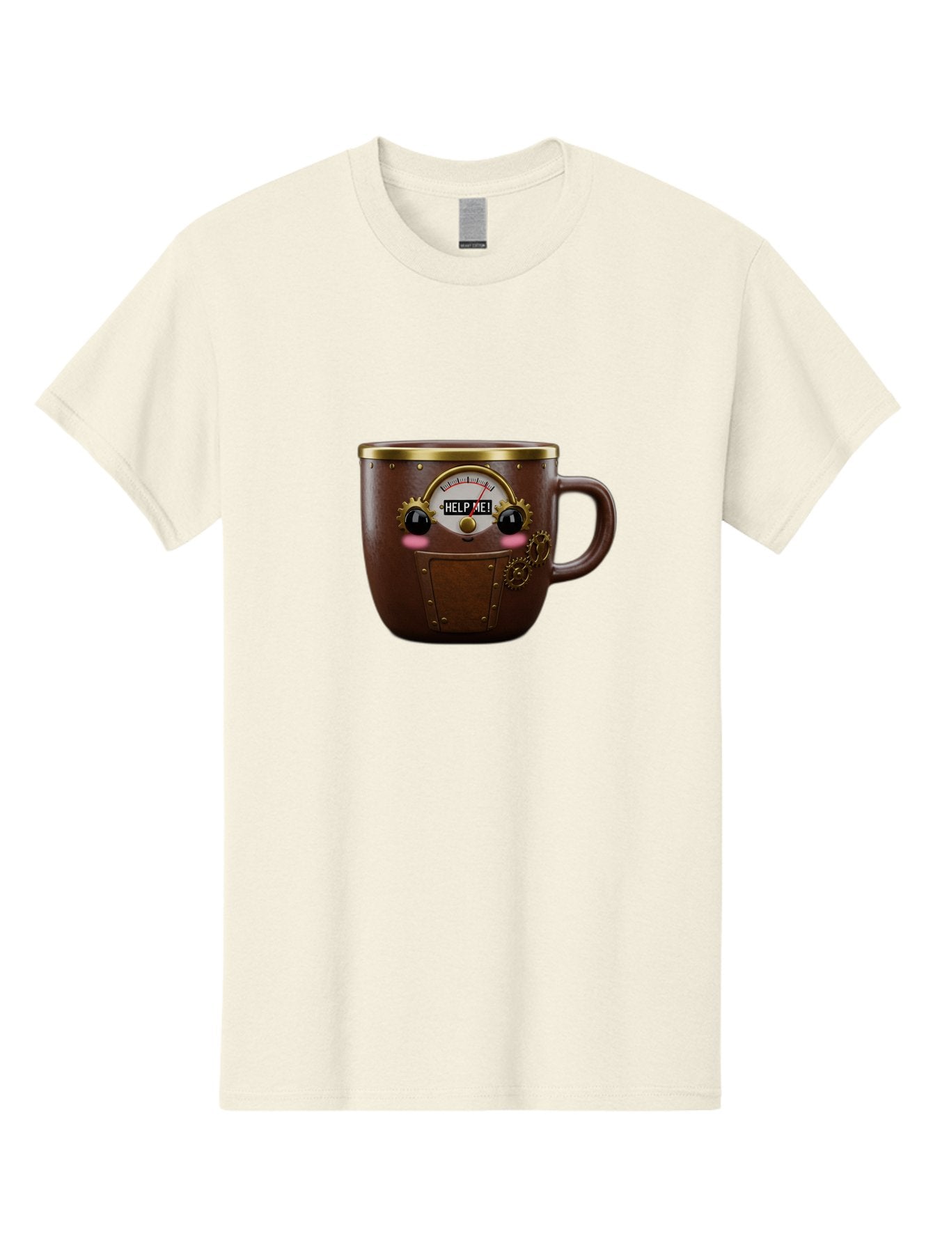 Help-Me-Mug Men'S Graphic Tee, 100% Cotton, Comfortable Casual Summer Wear, Machine Washable, Steampunk Coffee Mug, Brown Ceramic, Gold Accents, Distressed Robot Face, Help Me! Gauge, Steampunk Art, Quirky Design, Unique Collectible, Bac052 14