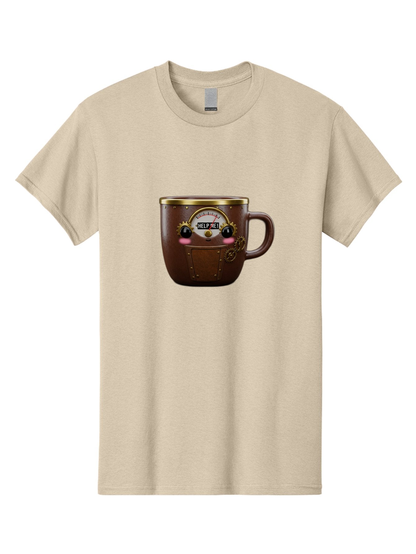 Help-Me-Mug Men'S Graphic Tee, 100% Cotton, Comfortable Casual Summer Wear, Machine Washable, Steampunk Coffee Mug, Brown Ceramic, Gold Accents, Distressed Robot Face, Help Me! Gauge, Steampunk Art, Quirky Design, Unique Collectible, Bac052