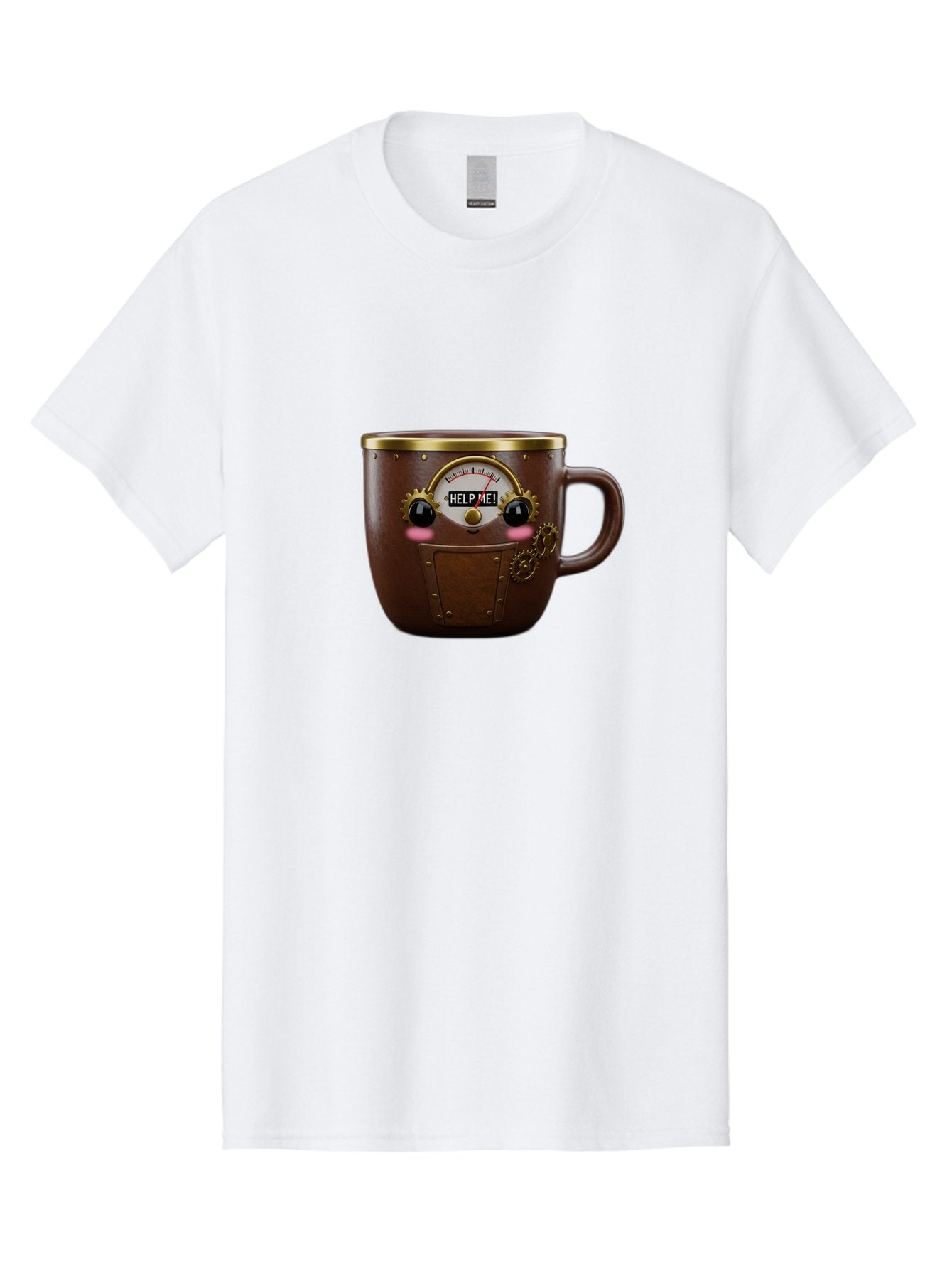 Help-Me-Mug Men'S Graphic Tee, 100% Cotton, Comfortable Casual Summer Wear, Machine Washable, Steampunk Coffee Mug, Brown Ceramic, Gold Accents, Distressed Robot Face, Help Me! Gauge, Steampunk Art, Quirky Design, Unique Collectible, Bac052 15