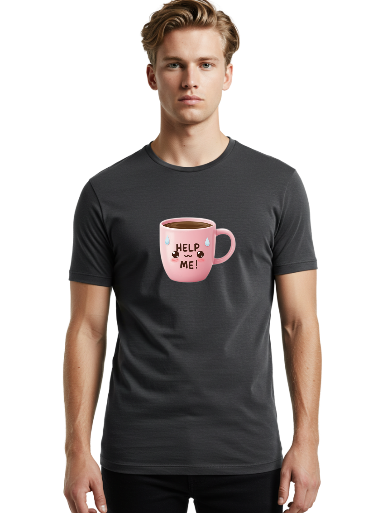 Help-Me Men'S Graphic Tee, 100% Cotton, Comfortable Casual Summer Wear, Machine Washable, Cute Coffee Mug, Cartoon Coffee, Funny Coffee, Kawaii Coffee, Coffee Humor, Coffee Meme, Coffee Culture, Coffee Love Bac053 26