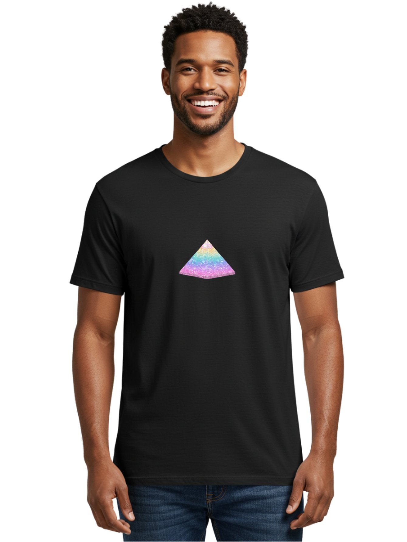 Holographic-Triangle Men'S Graphic Tee, 100% Cotton, Comfortable Casual Summer Wear, Machine Washable, Holographic Triangle, Pastel Colors, Shimmering Effect, Iridescent Sheen, Mystical Symbol, Geometric Shape, Rainbow Colors, Glitter Effect Bac054 27