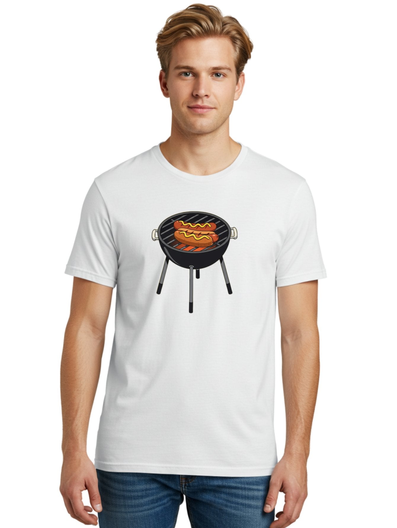 Hot-Dogs-On-Grill Men'S Graphic Tee, 100% Cotton, Comfortable Casual Summer Wear, Machine Washable, Hot Dogs On Grill, Grilled Sausages, Barbecue Cooking, Mustard Topping, Outdoor Grill, Bbq Favorites, Summer Food Bac055 25