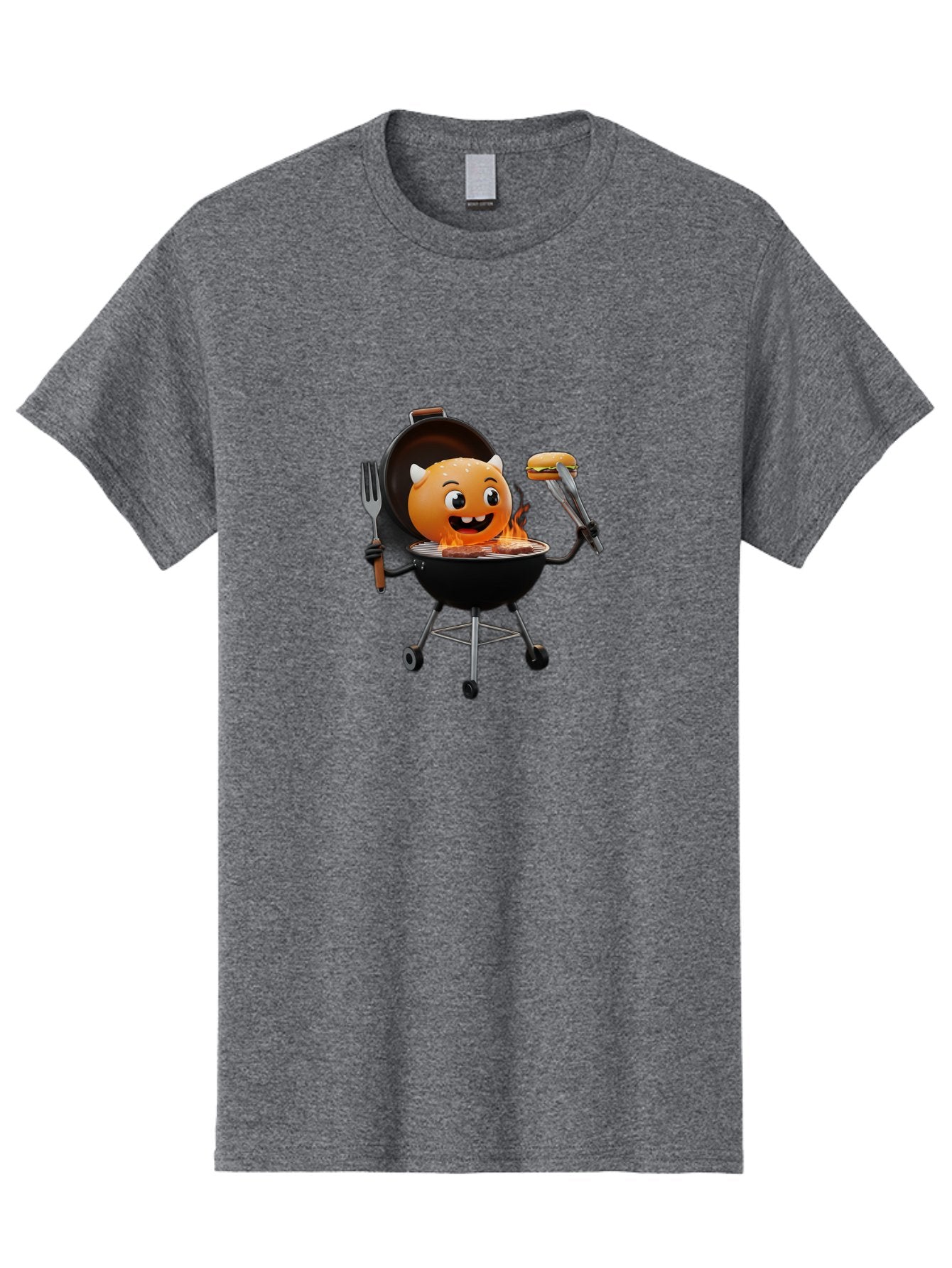 Hot-Sauce-Emoji-On-Bbq Men'S Graphic Tee, 100% Cotton, Comfortable Casual Summer Wear, Machine Washable, Smiling Emoji On Barbecue Grill, Barbecue Accessories, Fork And Tongs, Grilled Hamburger, Cartoon Character, Happy Face, Bac056 10