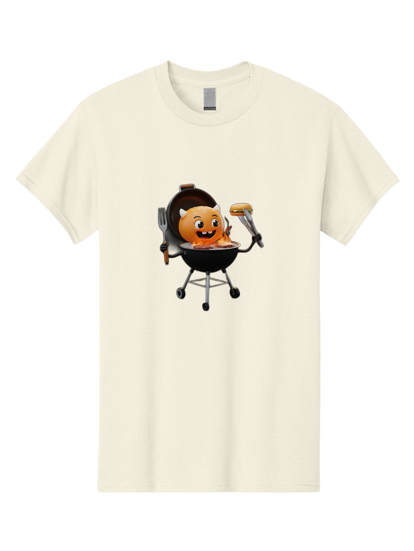 Hot-Sauce-Emoji-On-Bbq Men'S Graphic Tee, 100% Cotton, Comfortable Casual Summer Wear, Machine Washable, Smiling Emoji On Barbecue Grill, Barbecue Accessories, Fork And Tongs, Grilled Hamburger, Cartoon Character, Happy Face, Bac056 7