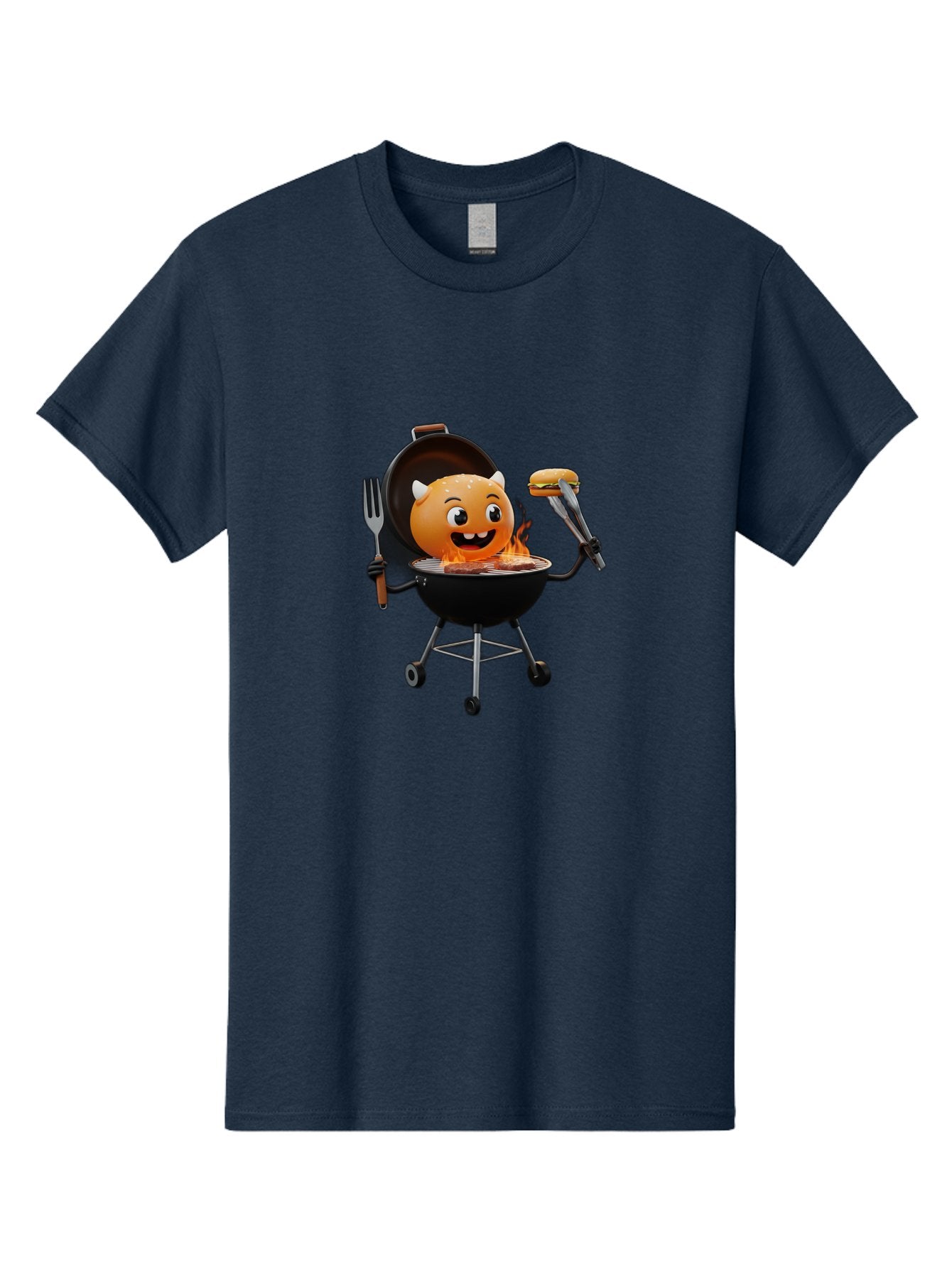 Hot-Sauce-Emoji-On-Bbq Men'S Graphic Tee, 100% Cotton, Comfortable Casual Summer Wear, Machine Washable, Smiling Emoji On Barbecue Grill, Barbecue Accessories, Fork And Tongs, Grilled Hamburger, Cartoon Character, Happy Face, Bac056 12