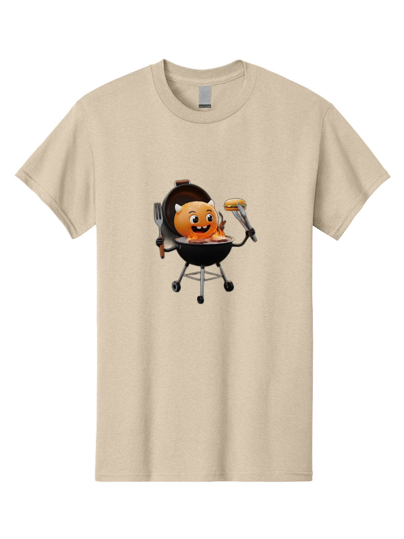 Hot-Sauce-Emoji-On-Bbq Men'S Graphic Tee, 100% Cotton, Comfortable Casual Summer Wear, Machine Washable, Smiling Emoji On Barbecue Grill, Barbecue Accessories, Fork And Tongs, Grilled Hamburger, Cartoon Character, Happy Face, Bac056 5