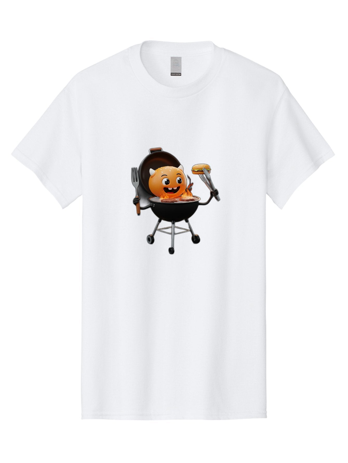 Hot-Sauce-Emoji-On-Bbq Men'S Graphic Tee, 100% Cotton, Comfortable Casual Summer Wear, Machine Washable, Smiling Emoji On Barbecue Grill, Barbecue Accessories, Fork And Tongs, Grilled Hamburger, Cartoon Character, Happy Face, Bac056 6