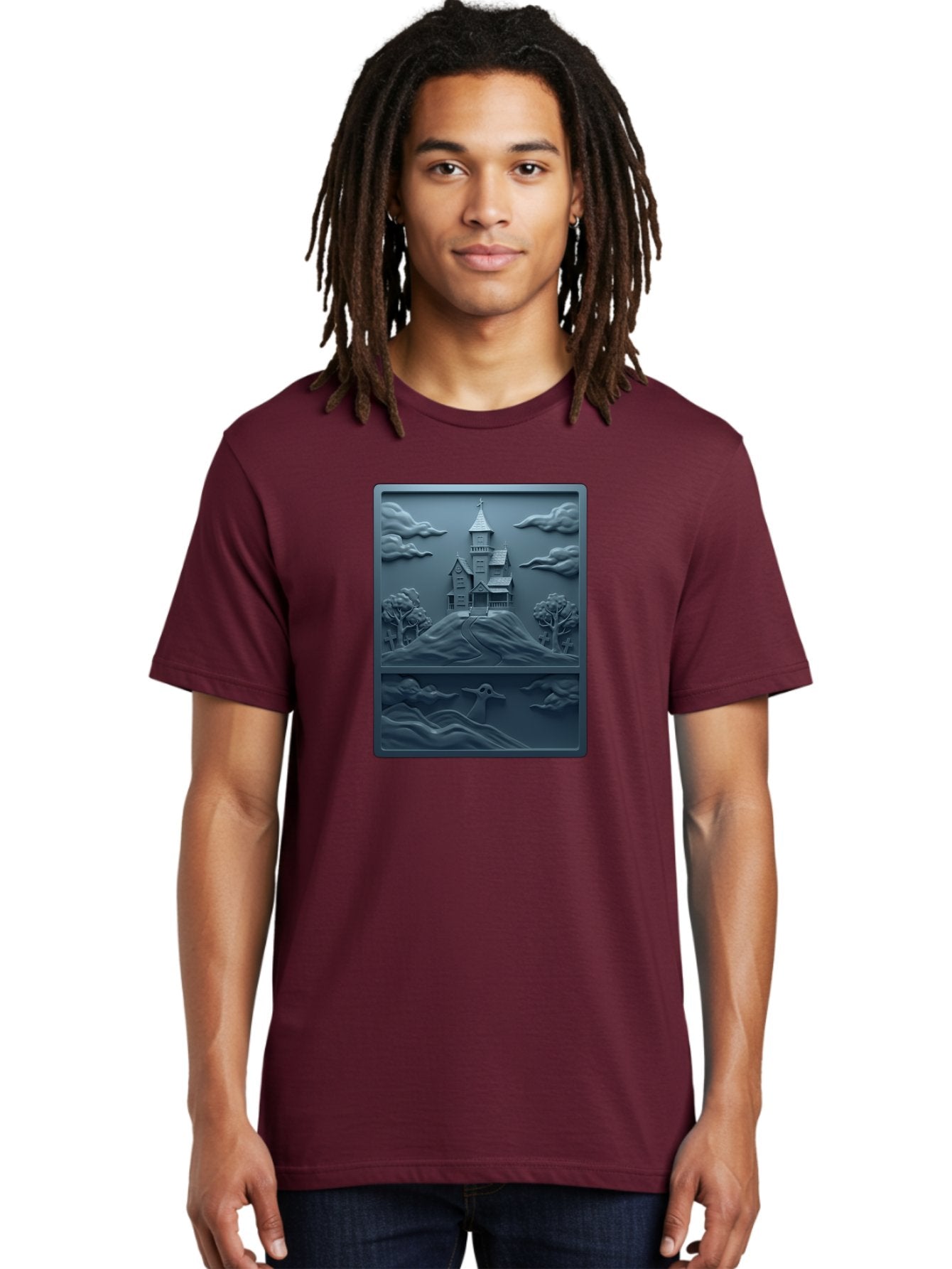 House-On-Hill Men'S Graphic Tee, 100% Cotton, Comfortable Casual Summer Wear, Machine Washable, House On Hill, Serene Landscape, Victorian Architecture, Peaceful Atmosphere, Rolling Hills, Scenic Beauty, Tranquil Scene, Natural Scenery, Bac057 25