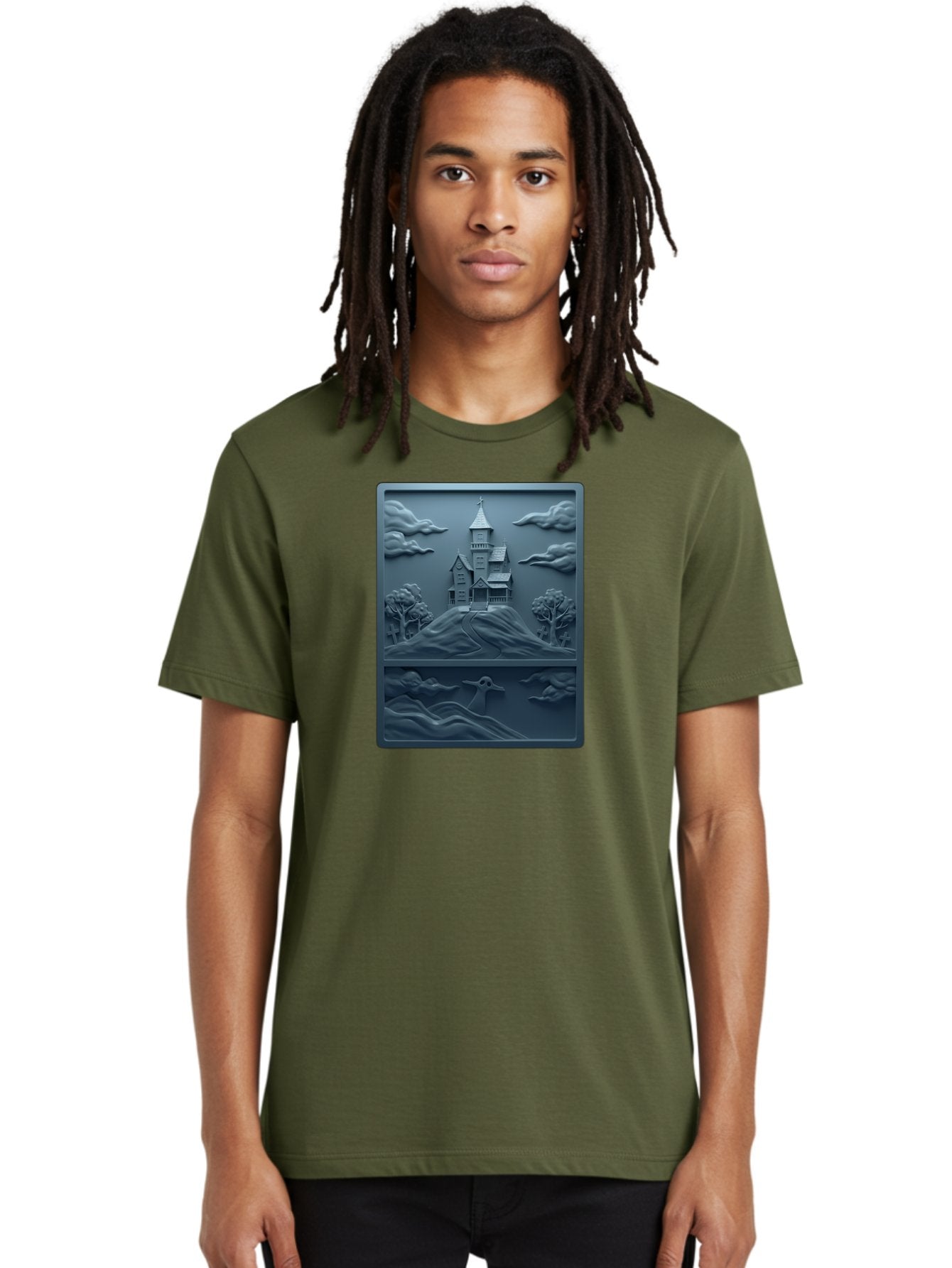 House-On-Hill Men'S Graphic Tee, 100% Cotton, Comfortable Casual Summer Wear, Machine Washable, House On Hill, Serene Landscape, Victorian Architecture, Peaceful Atmosphere, Rolling Hills, Scenic Beauty, Tranquil Scene, Natural Scenery, Bac057 22