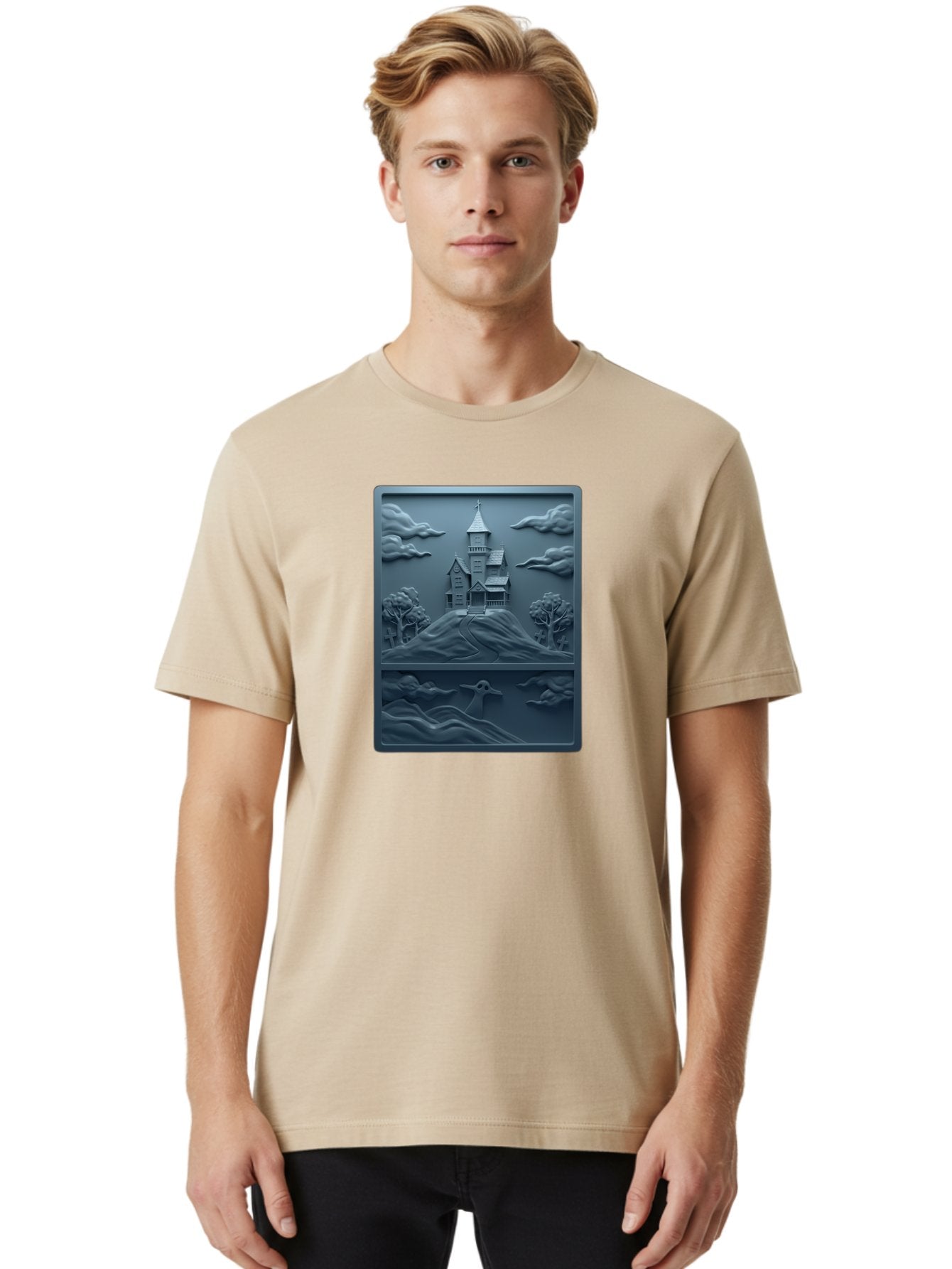 House-On-Hill Men'S Graphic Tee, 100% Cotton, Comfortable Casual Summer Wear, Machine Washable, House On Hill, Serene Landscape, Victorian Architecture, Peaceful Atmosphere, Rolling Hills, Scenic Beauty, Tranquil Scene, Natural Scenery, Bac057 28