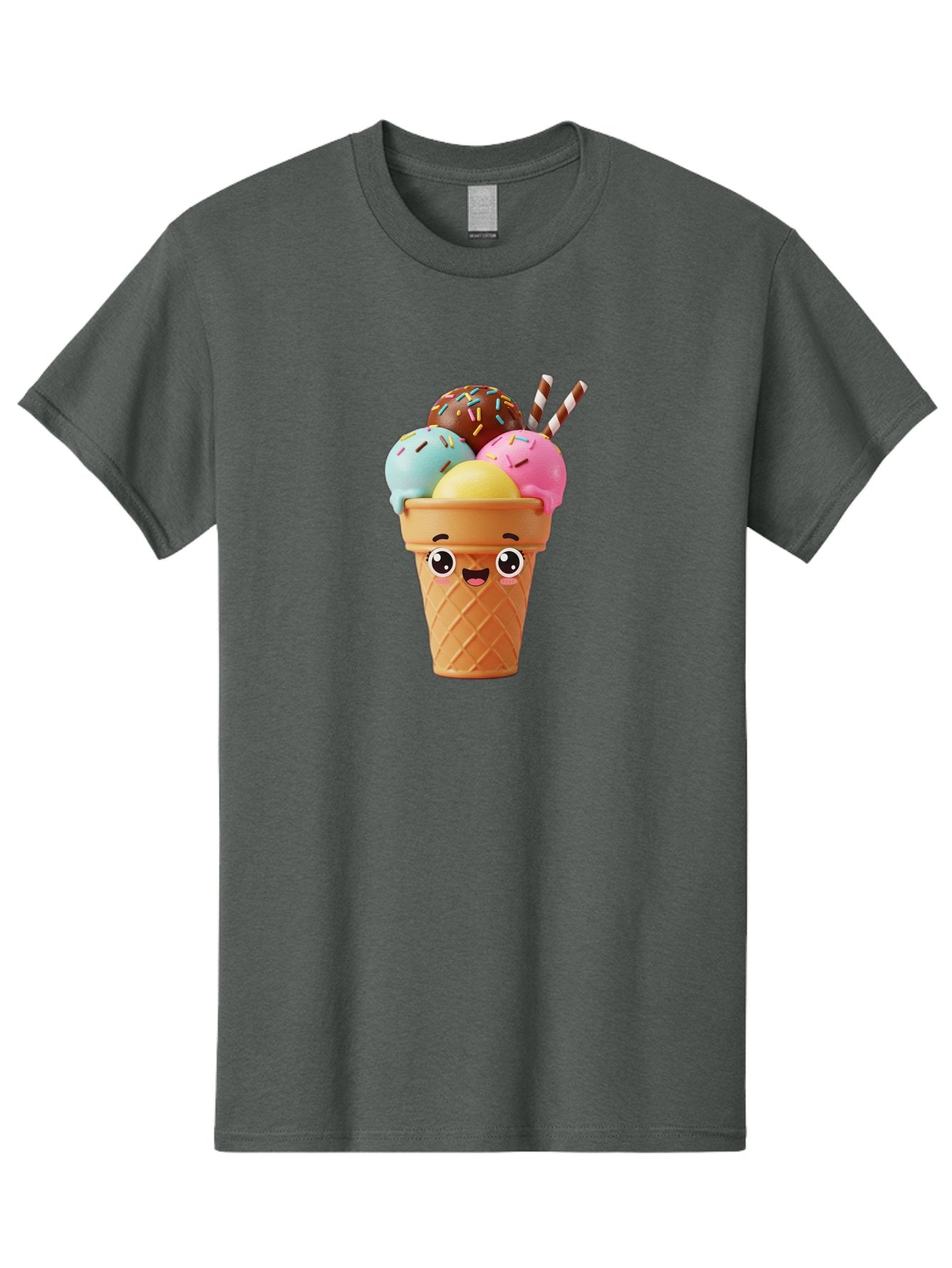 Ice-Cream-Cone Men'S Graphic Tee, 100% Cotton, Comfortable Casual Summer Wear, Machine Washable, Colorful Ice Cream, Four Scoops, Sprinkles, Cartoon Character, Happy Face, Ice Cream Cone, Sweet Treats, Dessert, Fun Food, Playful Dessert, Bac075 12