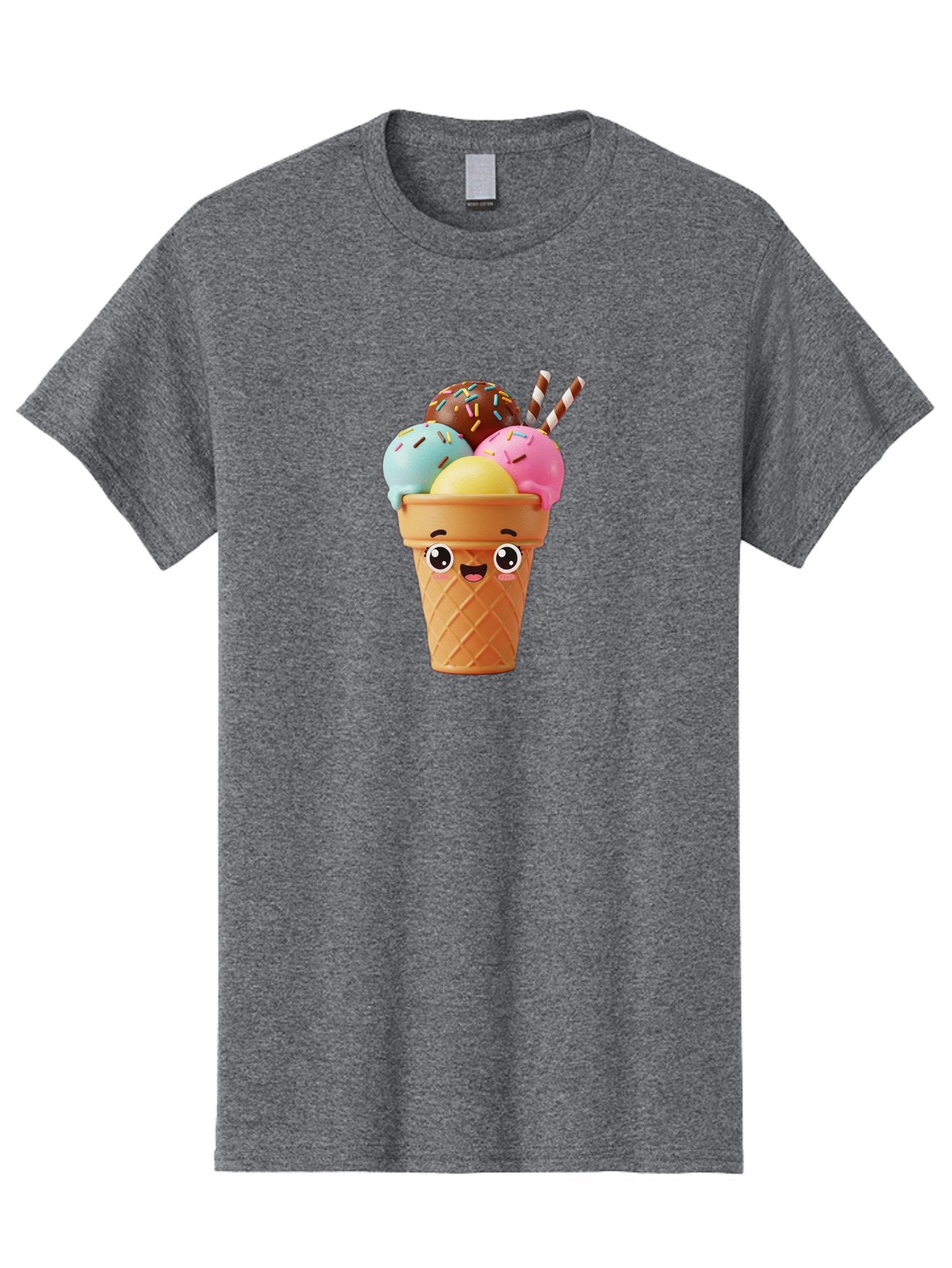 Ice-Cream-Cone Men'S Graphic Tee, 100% Cotton, Comfortable Casual Summer Wear, Machine Washable, Colorful Ice Cream, Four Scoops, Sprinkles, Cartoon Character, Happy Face, Ice Cream Cone, Sweet Treats, Dessert, Fun Food, Playful Dessert, Bac075 5