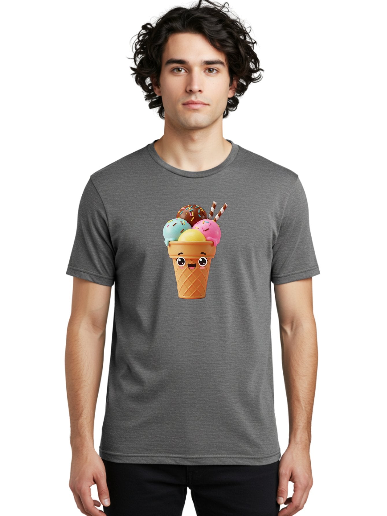 Ice-Cream-Cone Men'S Graphic Tee, 100% Cotton, Comfortable Casual Summer Wear, Machine Washable, Colorful Ice Cream, Four Scoops, Sprinkles, Cartoon Character, Happy Face, Ice Cream Cone, Sweet Treats, Dessert, Fun Food, Playful Dessert, Bac075 23
