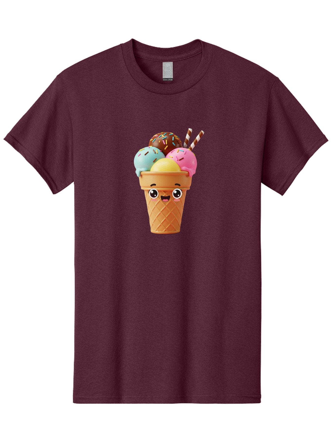 Ice-Cream-Cone Men'S Graphic Tee, 100% Cotton, Comfortable Casual Summer Wear, Machine Washable, Colorful Ice Cream, Four Scoops, Sprinkles, Cartoon Character, Happy Face, Ice Cream Cone, Sweet Treats, Dessert, Fun Food, Playful Dessert, Bac075 3