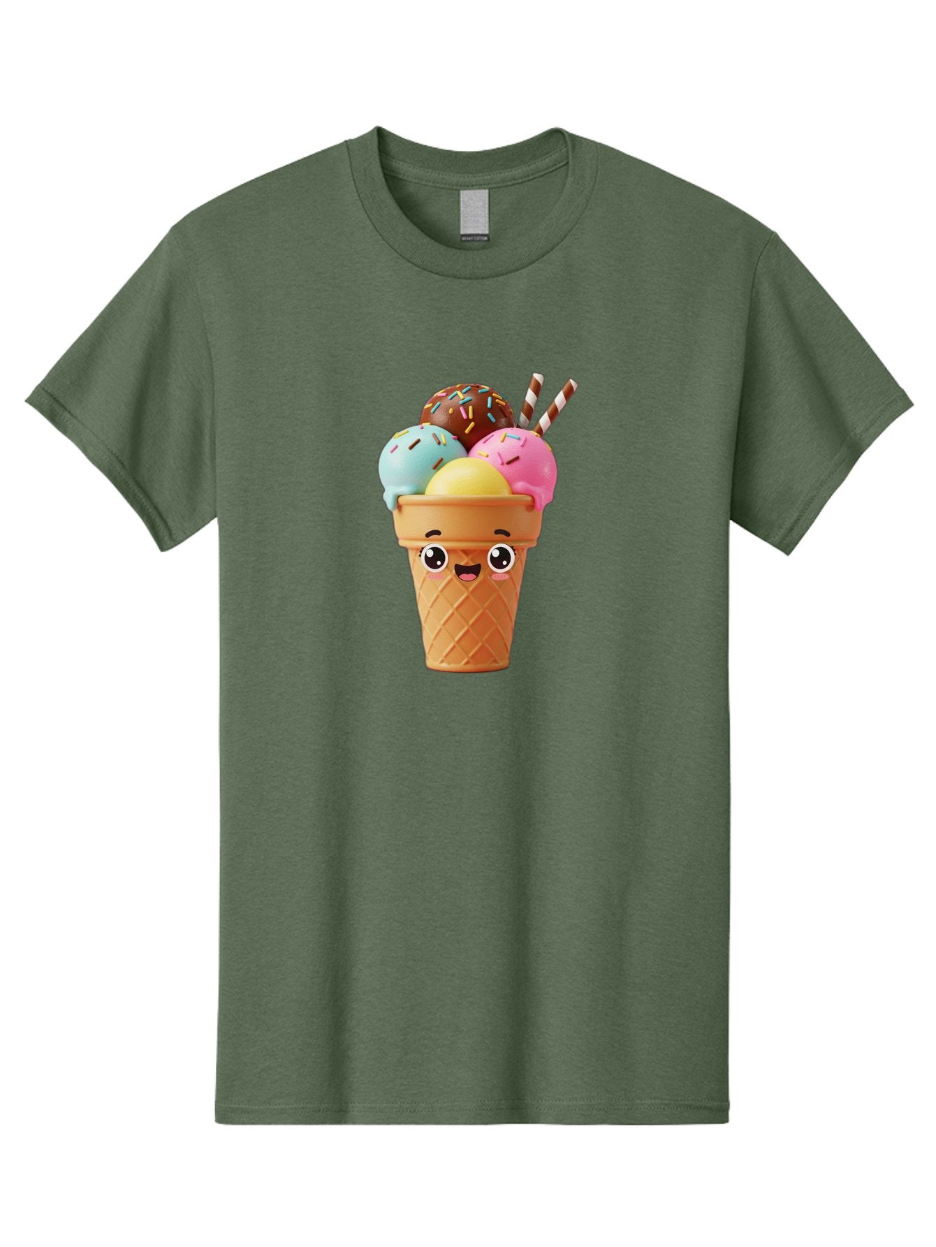 Ice-Cream-Cone Men'S Graphic Tee, 100% Cotton, Comfortable Casual Summer Wear, Machine Washable, Colorful Ice Cream, Four Scoops, Sprinkles, Cartoon Character, Happy Face, Ice Cream Cone, Sweet Treats, Dessert, Fun Food, Playful Dessert, Bac075 15