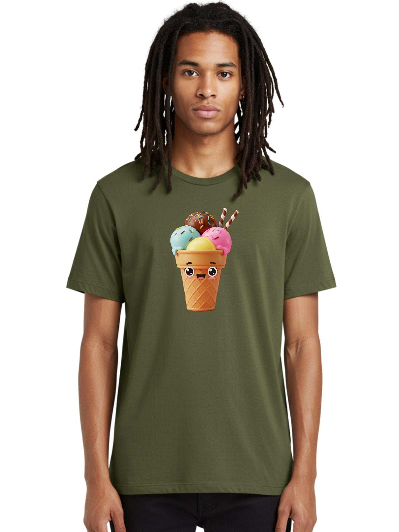 Ice-Cream-Cone Men'S Graphic Tee, 100% Cotton, Comfortable Casual Summer Wear, Machine Washable, Colorful Ice Cream, Four Scoops, Sprinkles, Cartoon Character, Happy Face, Ice Cream Cone, Sweet Treats, Dessert, Fun Food, Playful Dessert, Bac075 30