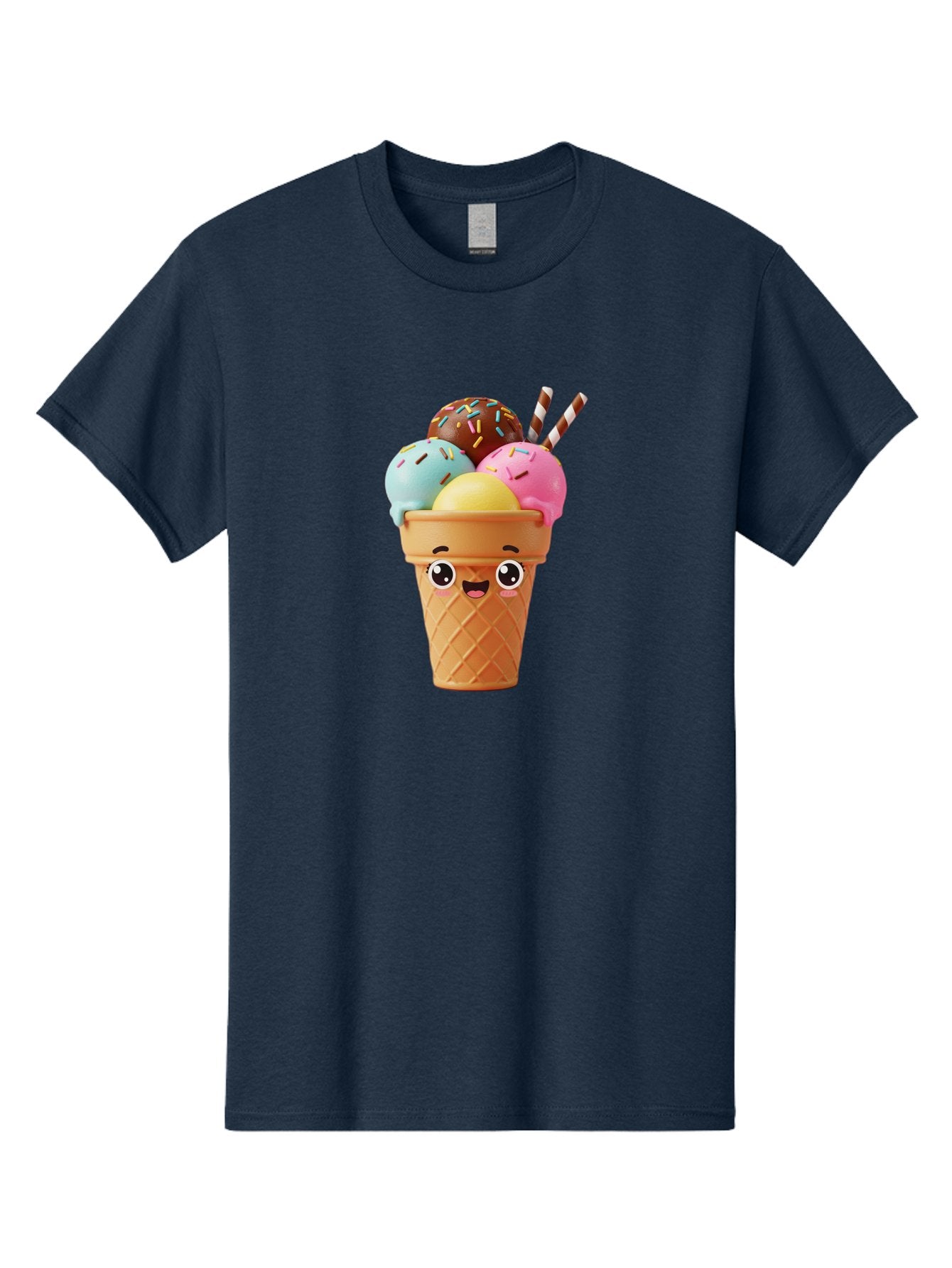 Ice-Cream-Cone Men'S Graphic Tee, 100% Cotton, Comfortable Casual Summer Wear, Machine Washable, Colorful Ice Cream, Four Scoops, Sprinkles, Cartoon Character, Happy Face, Ice Cream Cone, Sweet Treats, Dessert, Fun Food, Playful Dessert, Bac075 9