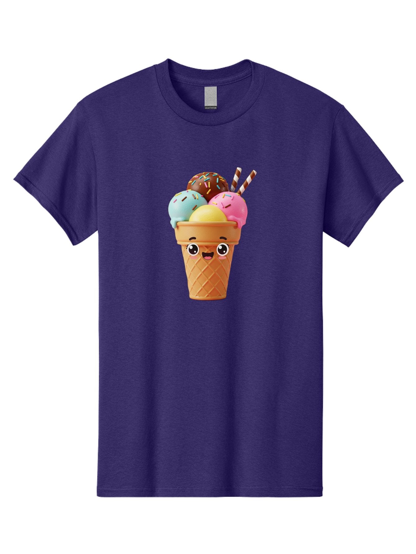 Ice-Cream-Cone Men'S Graphic Tee, 100% Cotton, Comfortable Casual Summer Wear, Machine Washable, Colorful Ice Cream, Four Scoops, Sprinkles, Cartoon Character, Happy Face, Ice Cream Cone, Sweet Treats, Dessert, Fun Food, Playful Dessert, Bac075 4