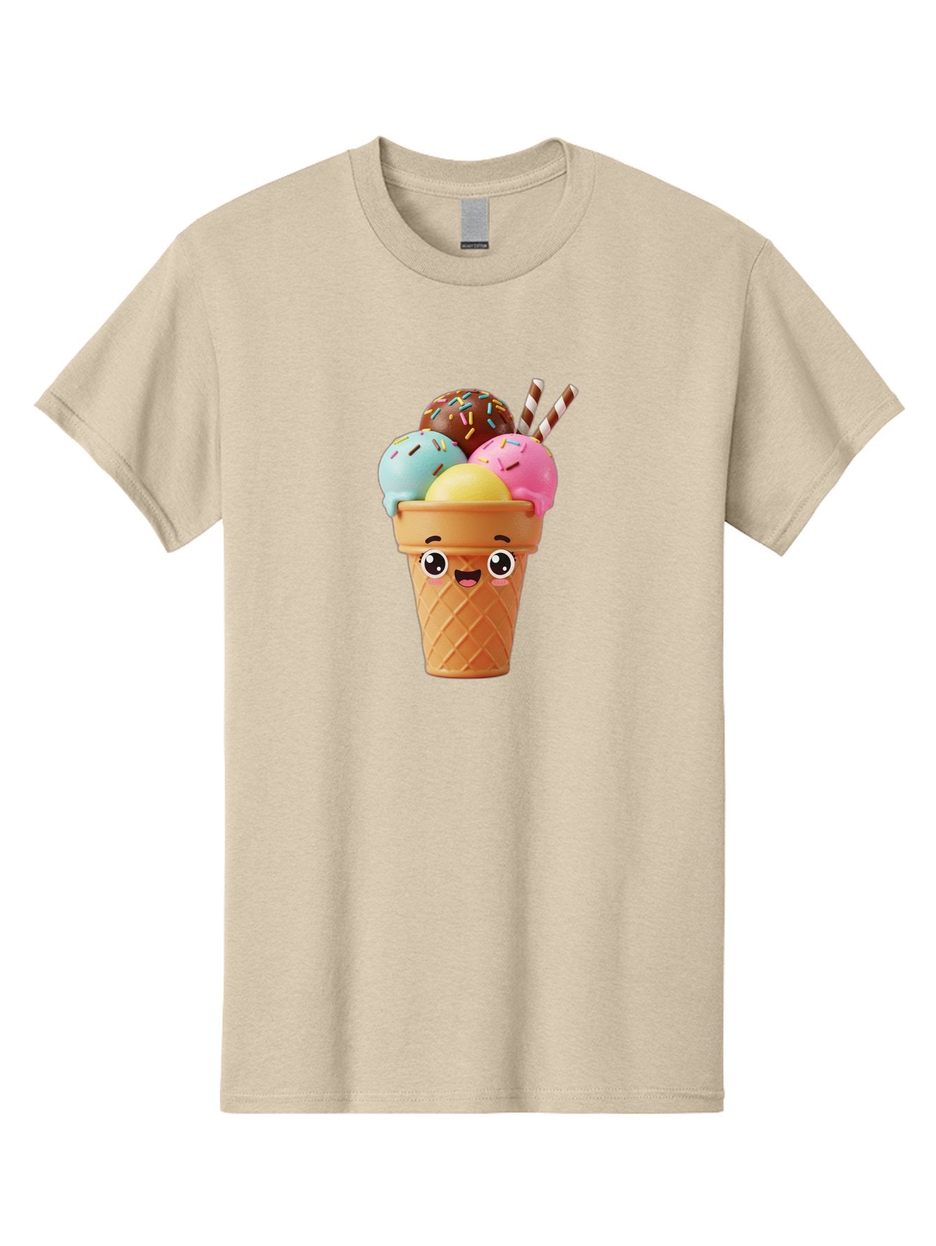 Ice-Cream-Cone Men'S Graphic Tee, 100% Cotton, Comfortable Casual Summer Wear, Machine Washable, Colorful Ice Cream, Four Scoops, Sprinkles, Cartoon Character, Happy Face, Ice Cream Cone, Sweet Treats, Dessert, Fun Food, Playful Dessert, Bac075
