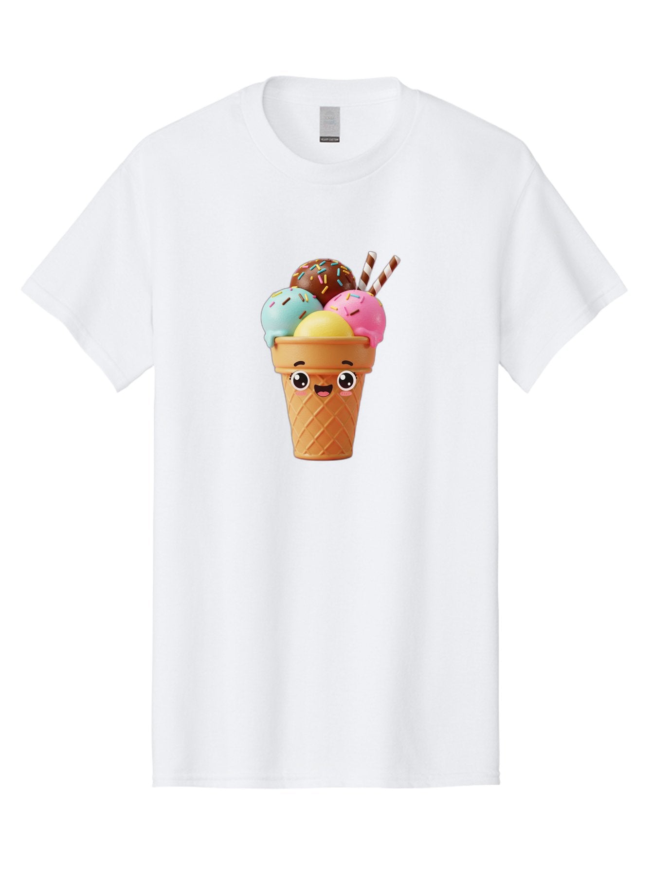 Ice-Cream-Cone Men'S Graphic Tee, 100% Cotton, Comfortable Casual Summer Wear, Machine Washable, Colorful Ice Cream, Four Scoops, Sprinkles, Cartoon Character, Happy Face, Ice Cream Cone, Sweet Treats, Dessert, Fun Food, Playful Dessert, Bac075 6