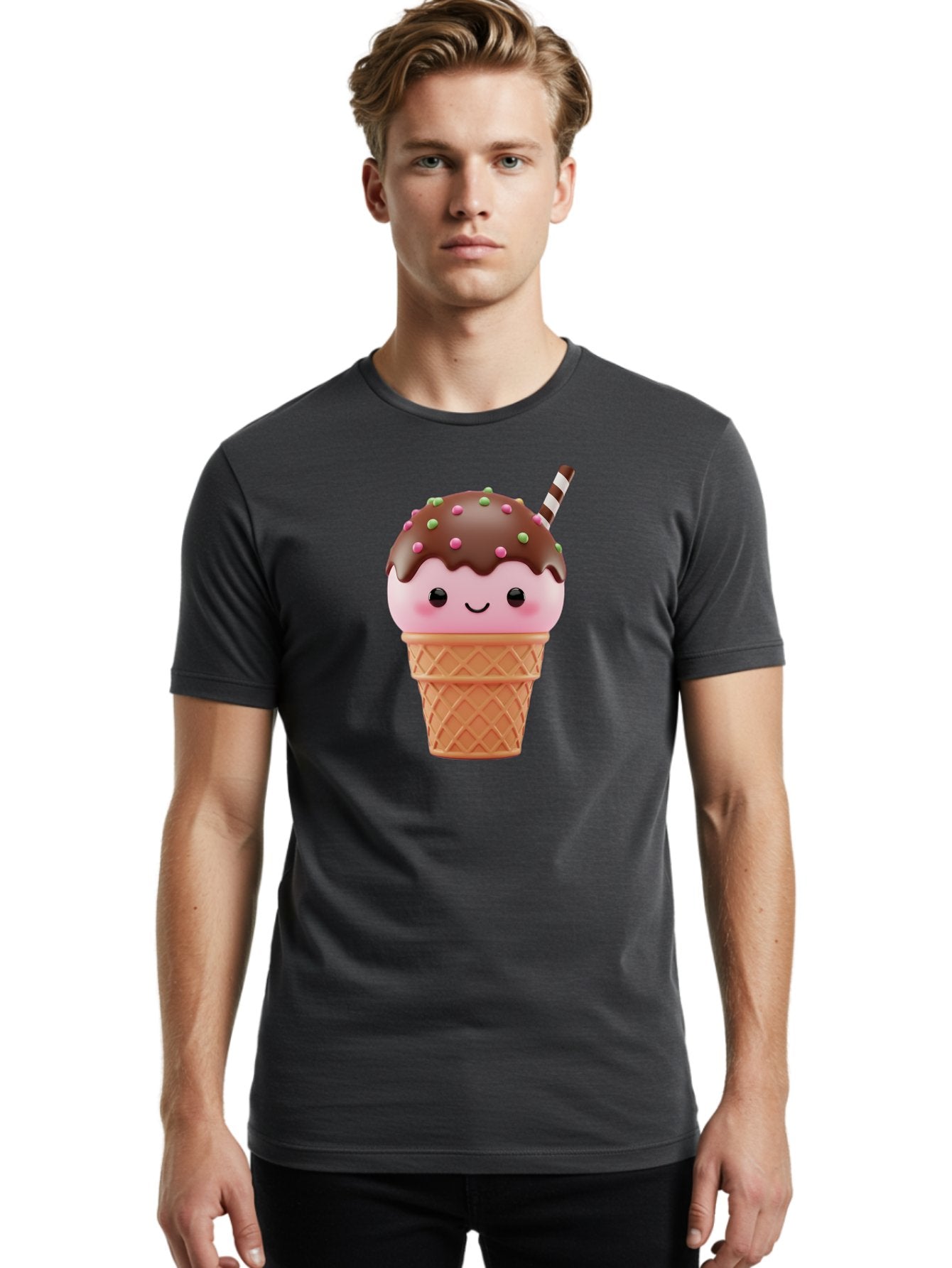 Ice-Cream Men'S Graphic Tee, 100% Cotton, Comfortable Casual Summer Wear, Machine Washable, Pink Ice Cream, Chocolate Sauce, Sprinkles, Ice Cream Cone, Waffle Cone, Dessert, Sweet Treat, Cartoon Character, Kawaii, Cute Illustration, Bac076 26