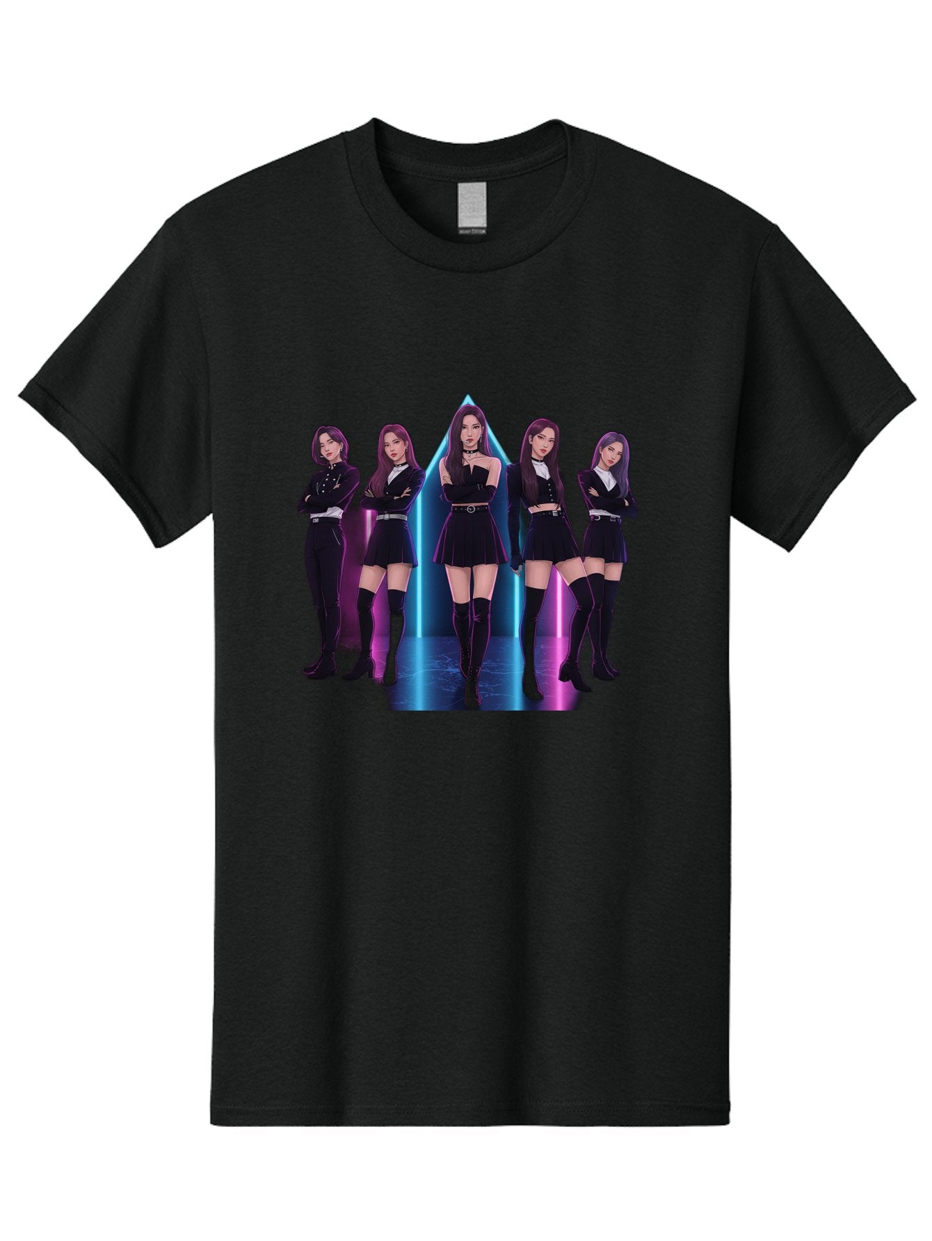 Itzy-Group-Shot Men'S Graphic Tee, 100% Cotton, Comfortable Casual Summer Wear, Machine Washable, K-Pop Group Itzy, Five Members Standing Together, Black Outfits, Futuristic Style, Neon Lights, Edgy Fashion, Modern Music, Group Pose, Bac077 12