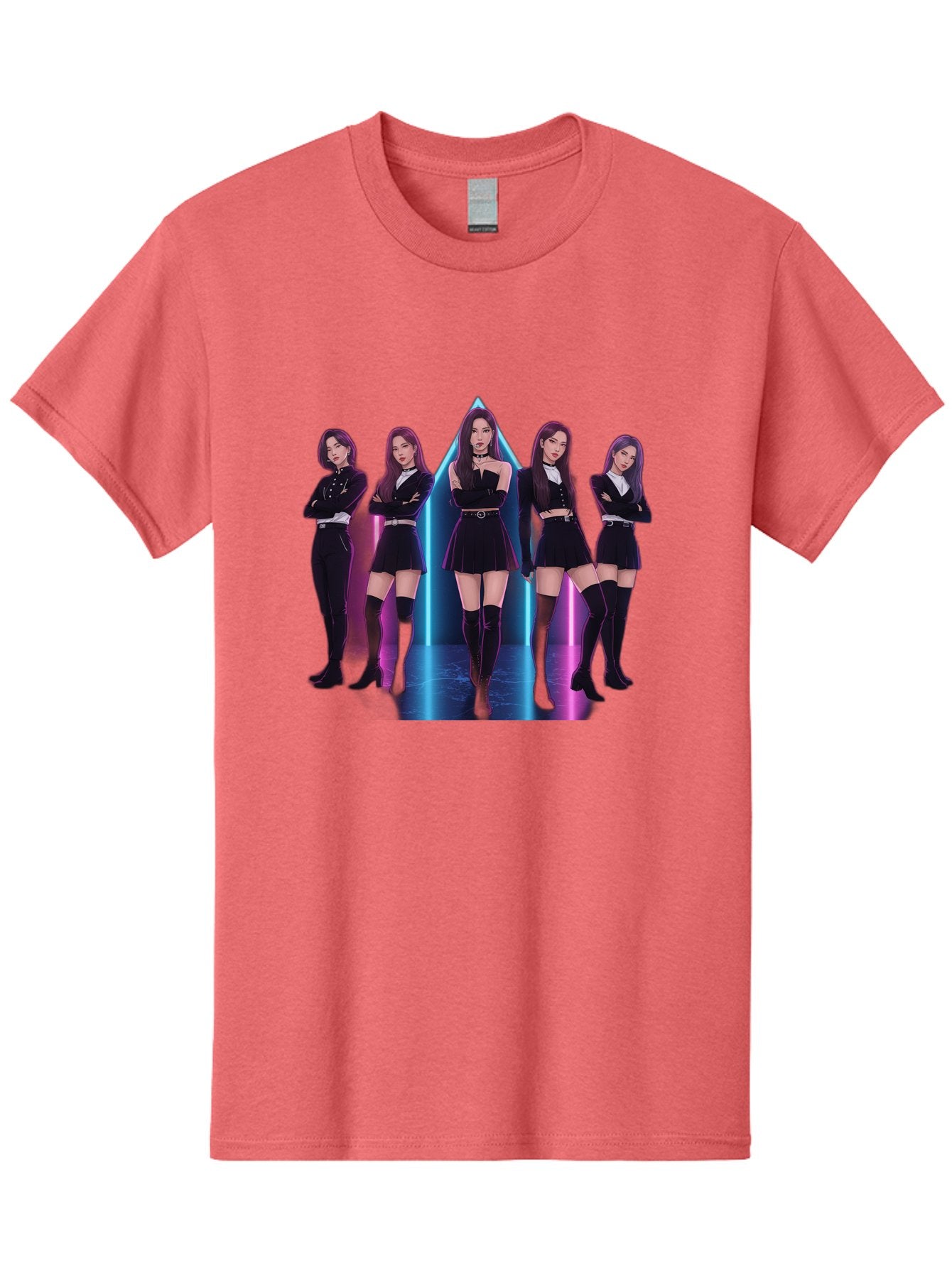 Itzy-Group-Shot Men'S Graphic Tee, 100% Cotton, Comfortable Casual Summer Wear, Machine Washable, K-Pop Group Itzy, Five Members Standing Together, Black Outfits, Futuristic Style, Neon Lights, Edgy Fashion, Modern Music, Group Pose, Bac077 5