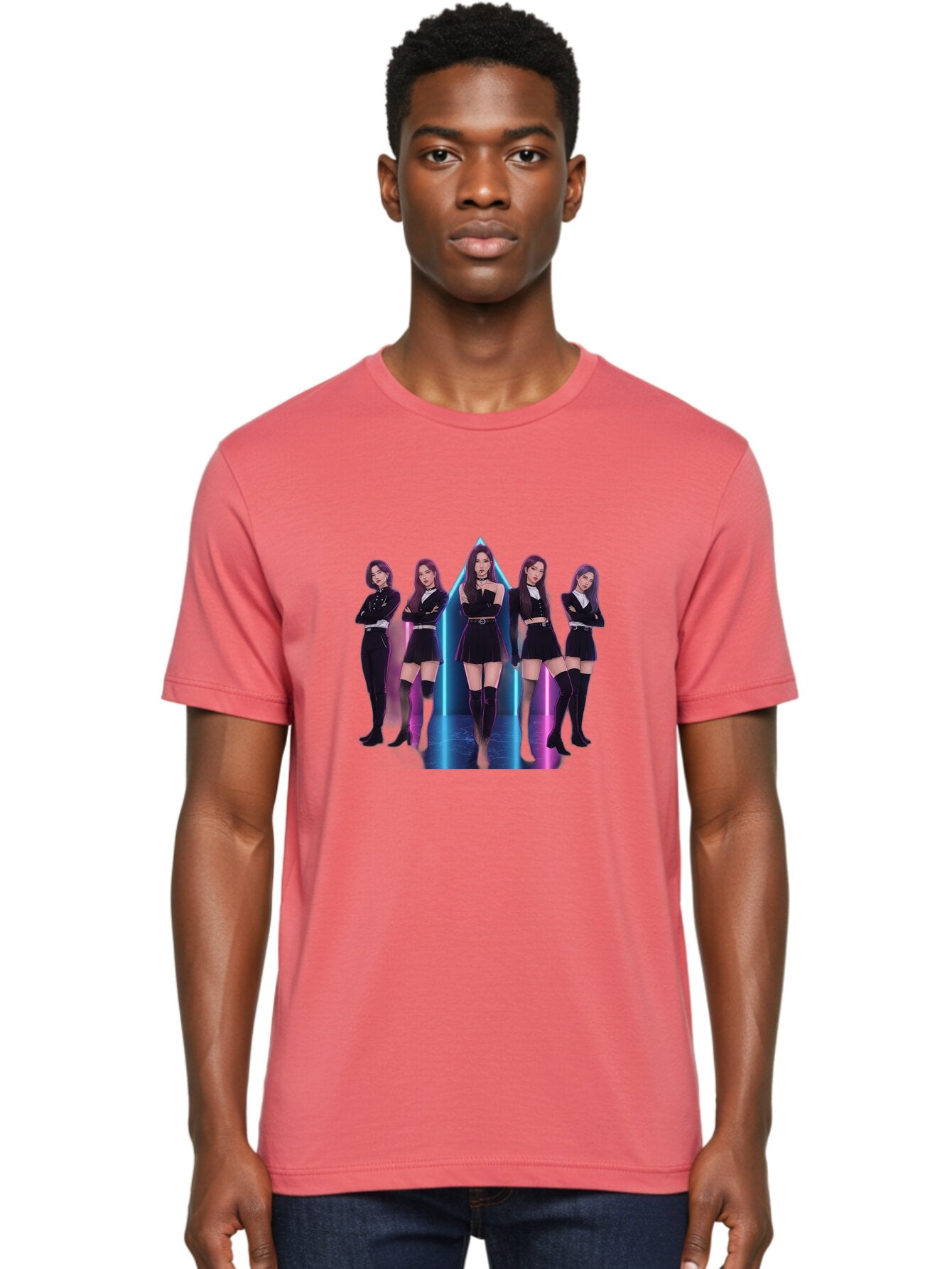 Itzy-Group-Shot Men'S Graphic Tee, 100% Cotton, Comfortable Casual Summer Wear, Machine Washable, K-Pop Group Itzy, Five Members Standing Together, Black Outfits, Futuristic Style, Neon Lights, Edgy Fashion, Modern Music, Group Pose, Bac077 23