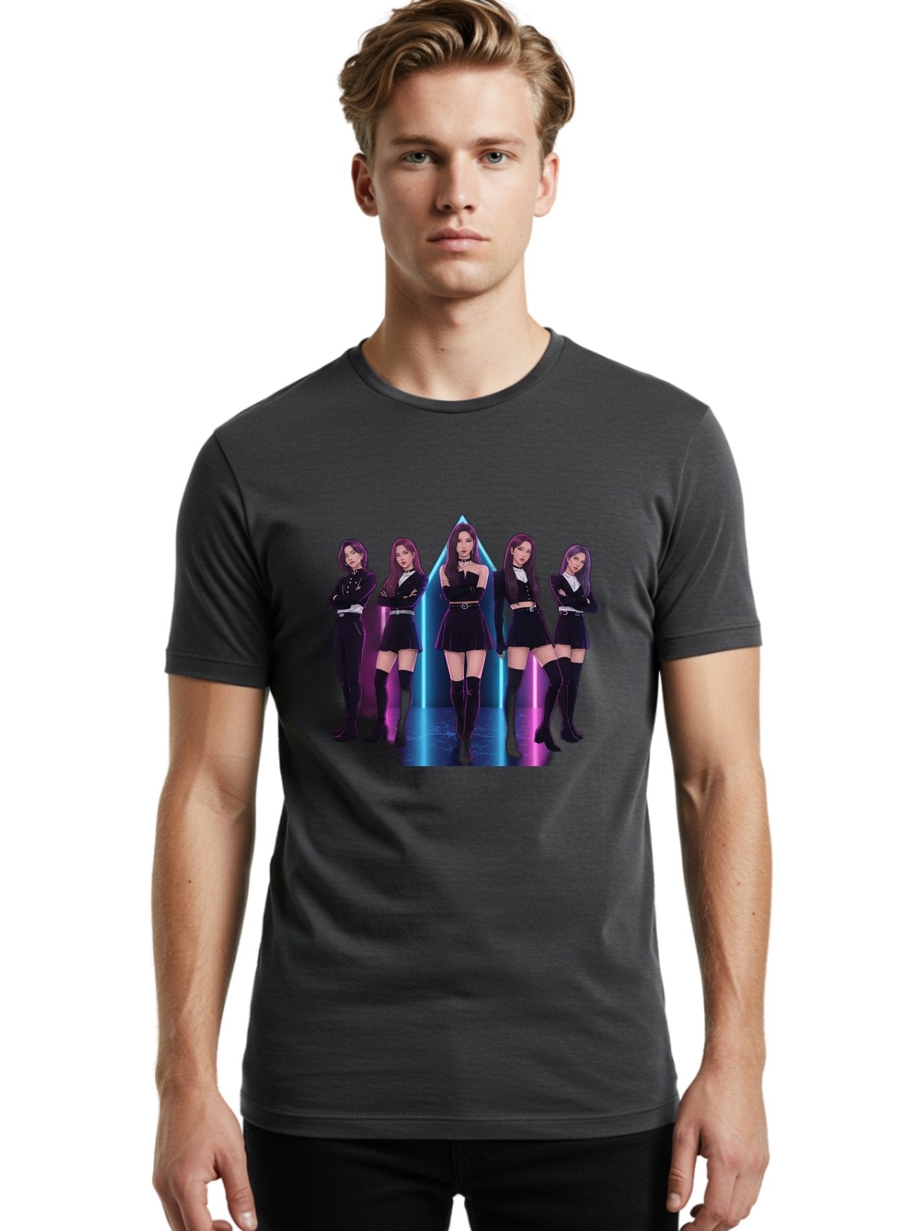 Itzy-Group-Shot Men'S Graphic Tee, 100% Cotton, Comfortable Casual Summer Wear, Machine Washable, K-Pop Group Itzy, Five Members Standing Together, Black Outfits, Futuristic Style, Neon Lights, Edgy Fashion, Modern Music, Group Pose, Bac077 26