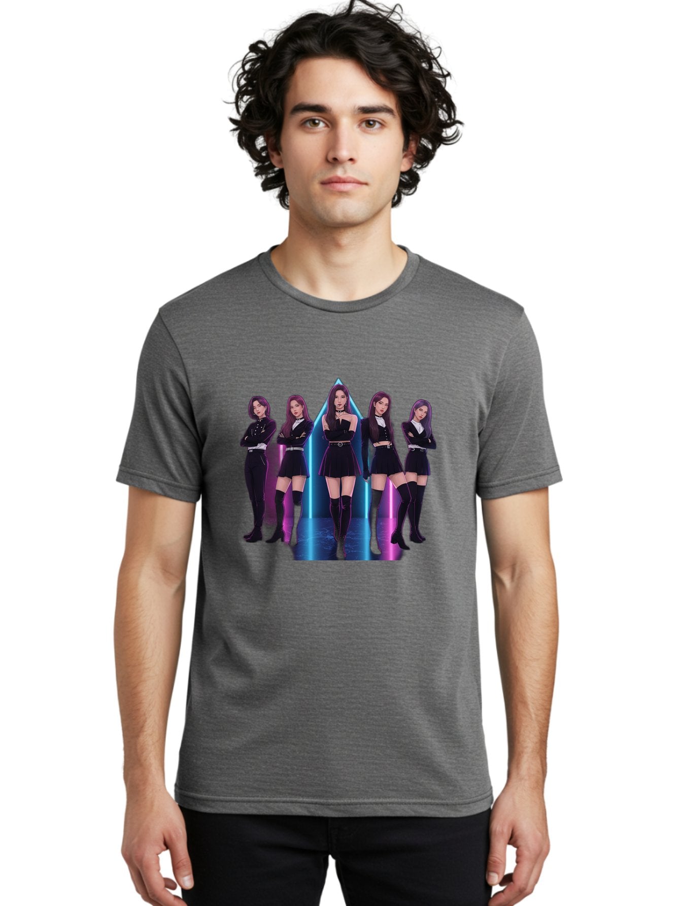 Itzy-Group-Shot Men'S Graphic Tee, 100% Cotton, Comfortable Casual Summer Wear, Machine Washable, K-Pop Group Itzy, Five Members Standing Together, Black Outfits, Futuristic Style, Neon Lights, Edgy Fashion, Modern Music, Group Pose, Bac077 19
